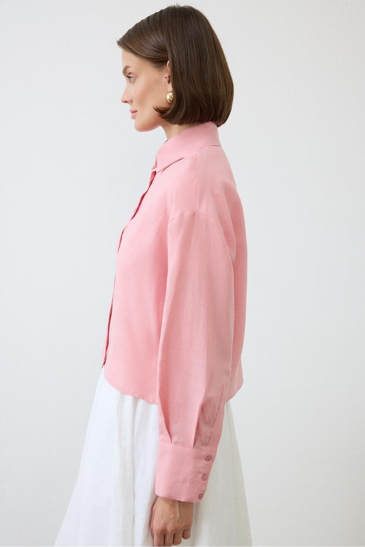 COLOR %100 KETEN KISA GÖMLEK PUDRA