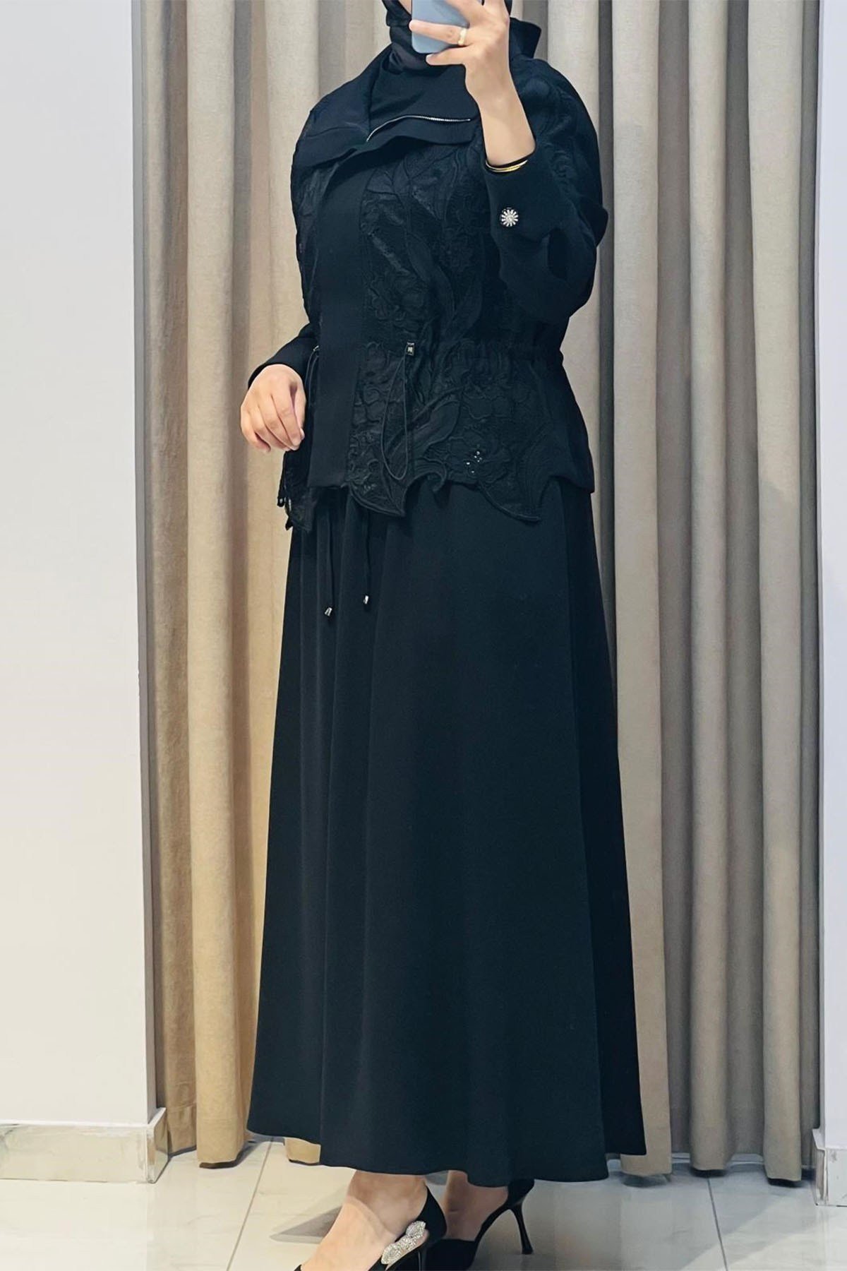 Dantelli Etek Takım Siyah