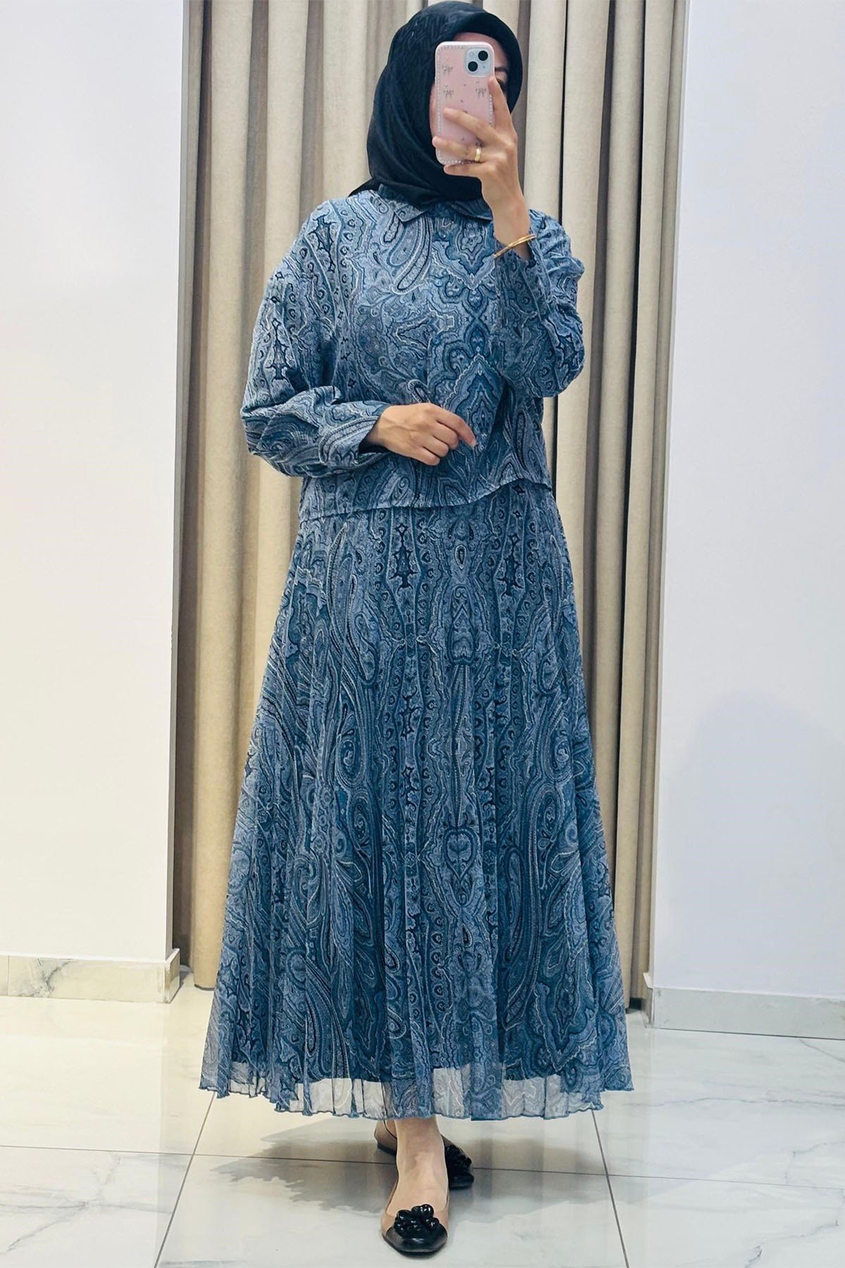 Ethnic Pliseli Etekli Soft-Touch Şifon Takım Bebe Mavisi