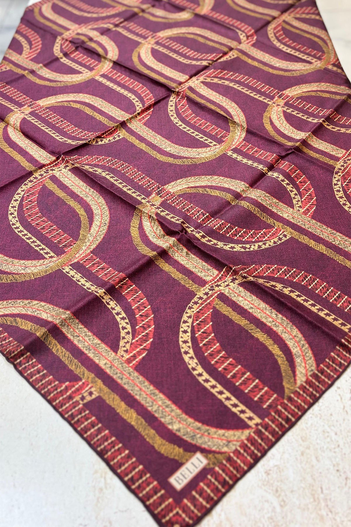 Geometrik Desen %100 Twill İpek Eşarp Bordo