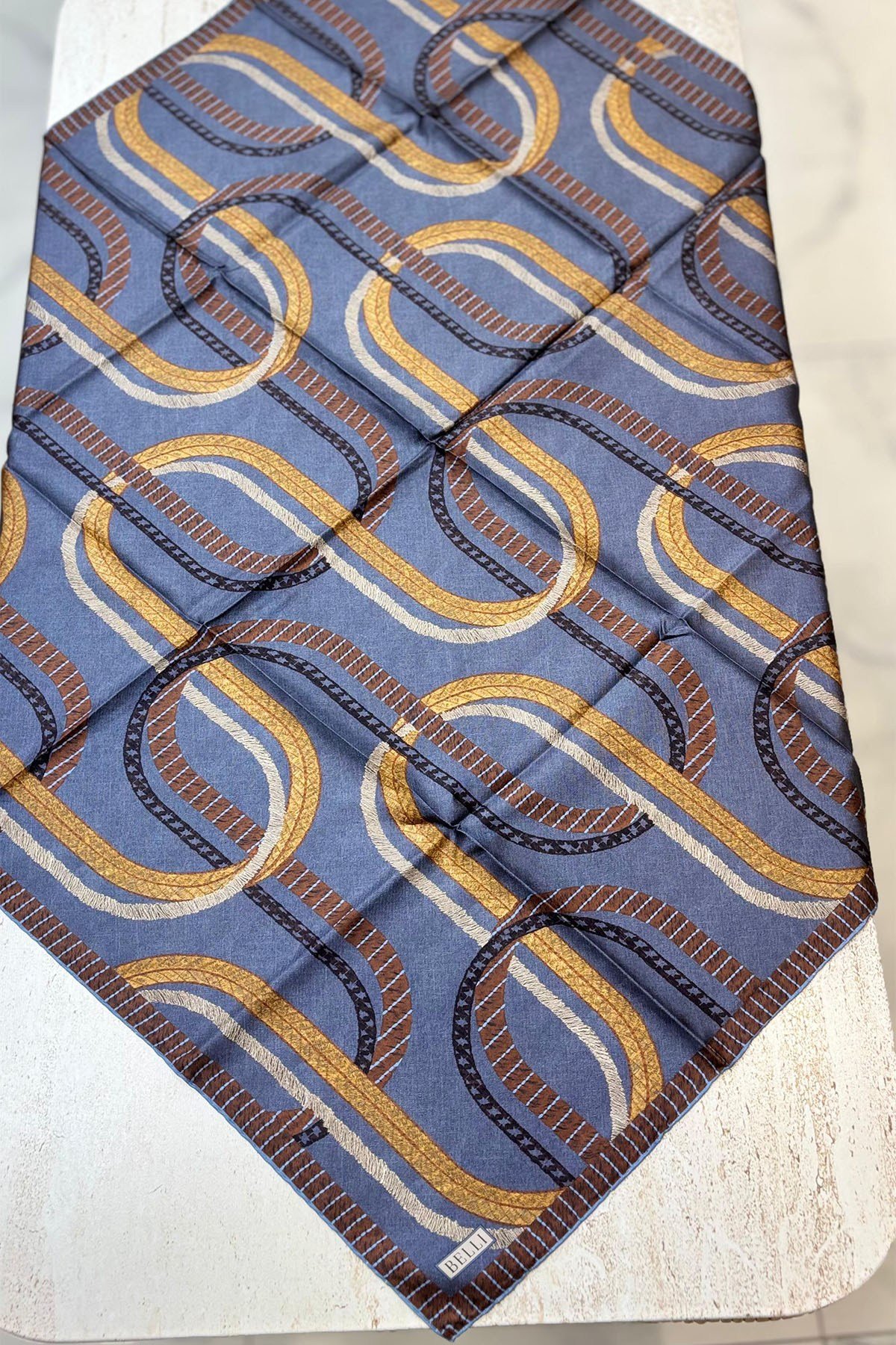 Geometrik Desen %100 Twill İpek Eşarp İndigo