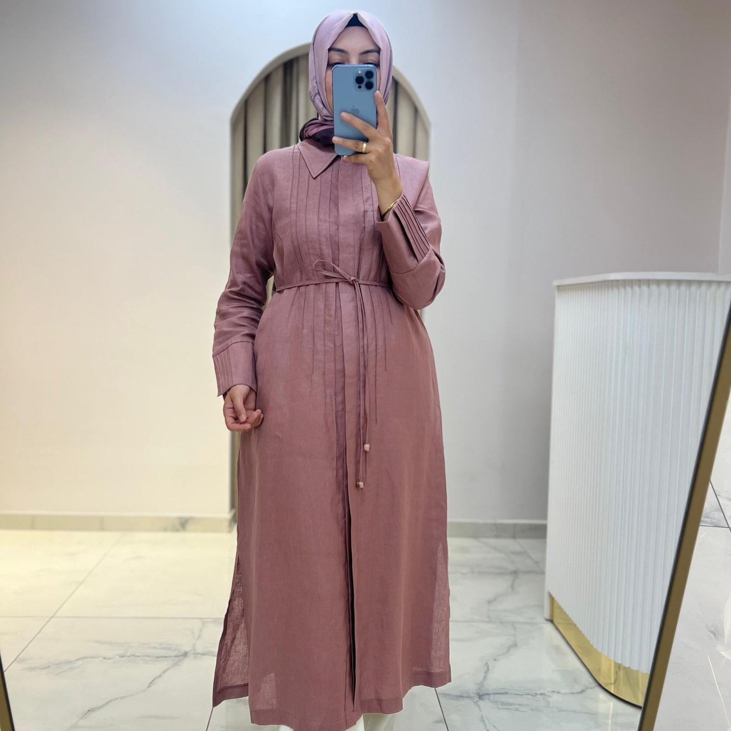 HİLAY SANTİ NERVÜRLÜ GÖMLEK YAKA KETEN TUNİK GÜL KURUSU