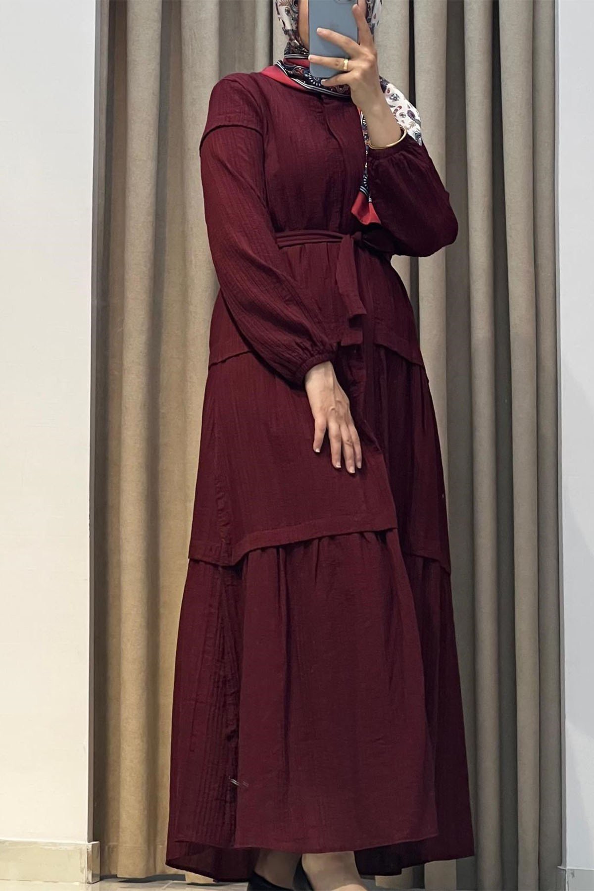 Kat Desenli Elbise Bordo