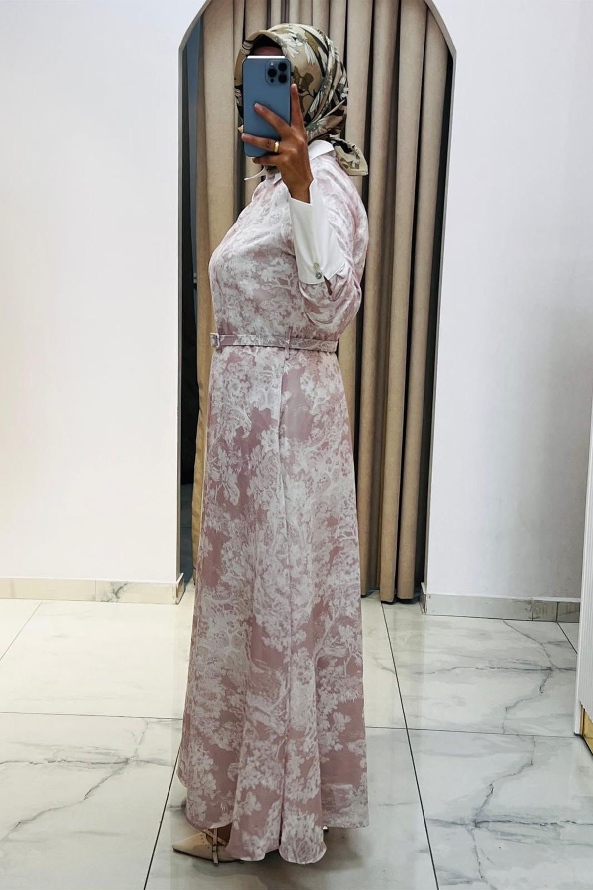 Lady Lyocell Desenli Yaka Elbise Pembe