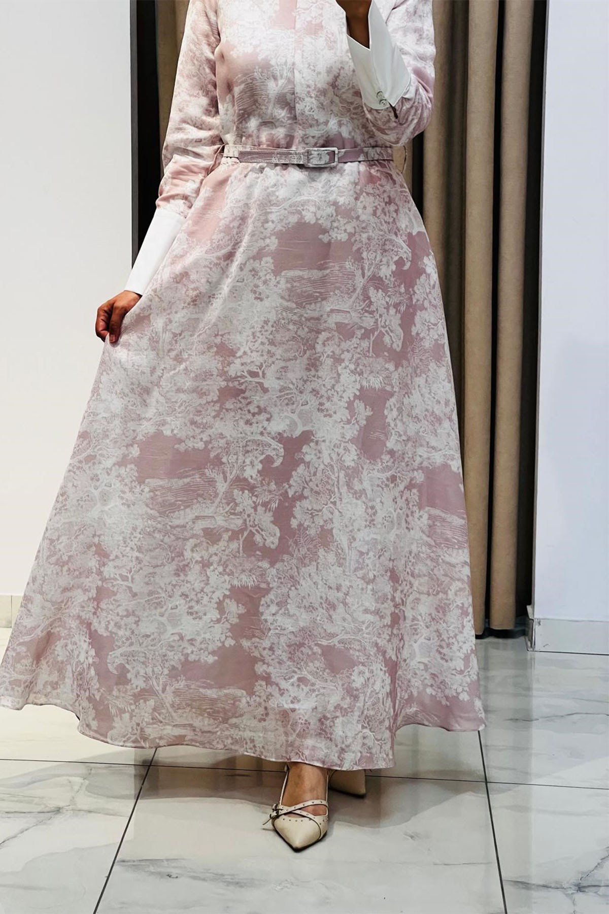 Lady Lyocell Desenli Yaka Elbise Pembe
