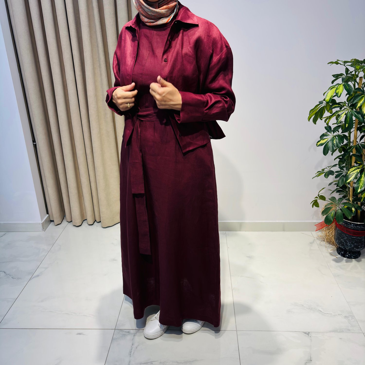 NATURAL %100 KETEN KOLSUZ ELBİSE BORDO