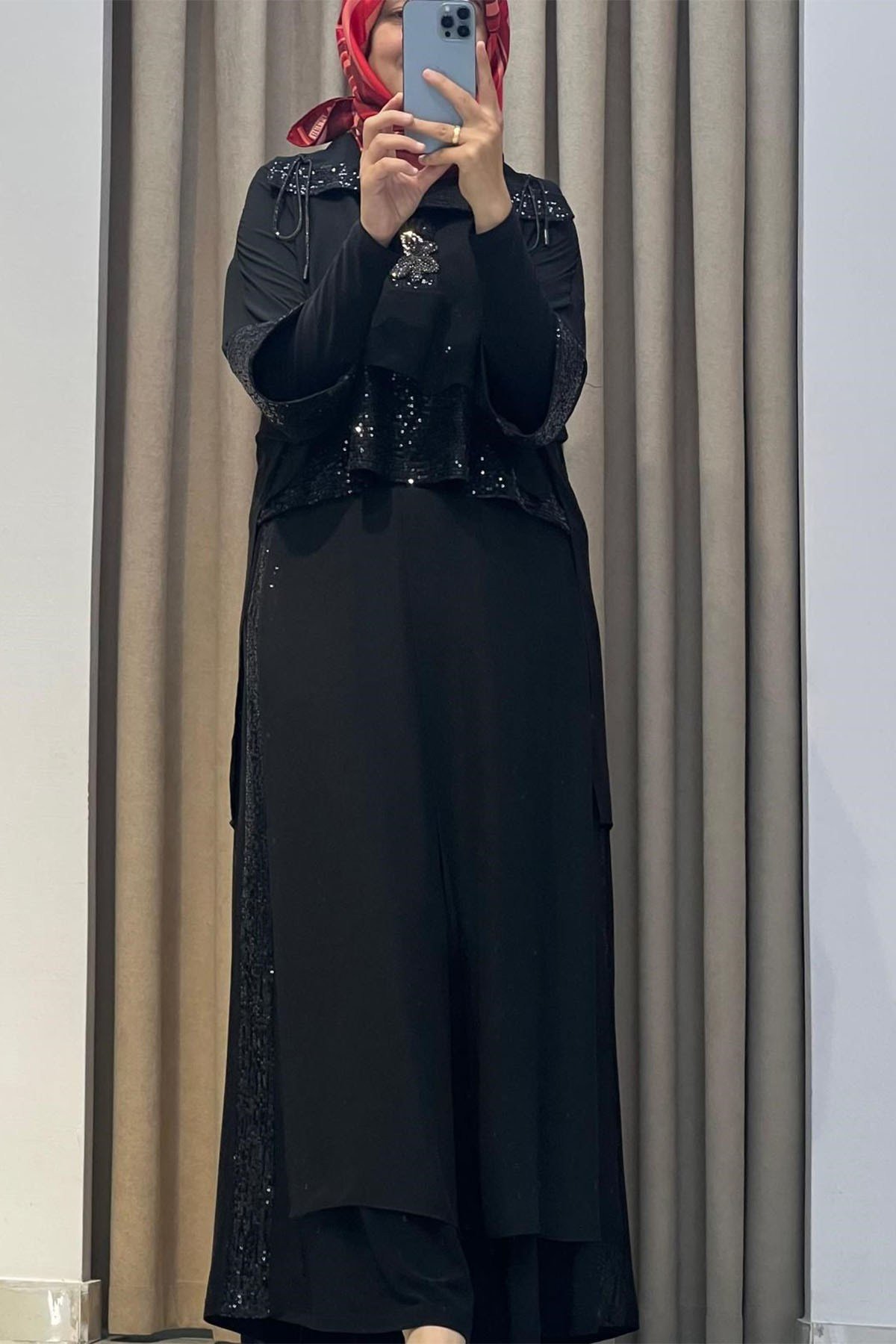 Payetli Taşlı Takım Siyah