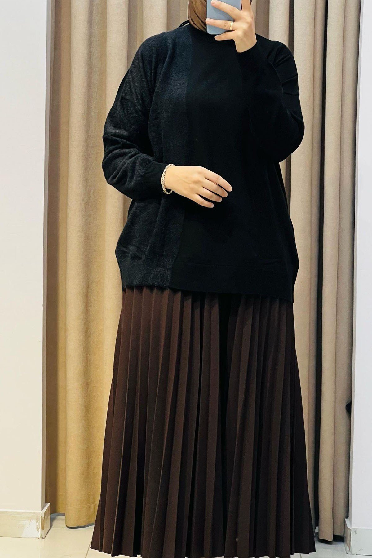 Sol Tarafı Mink Detaylı Tunik Siyah