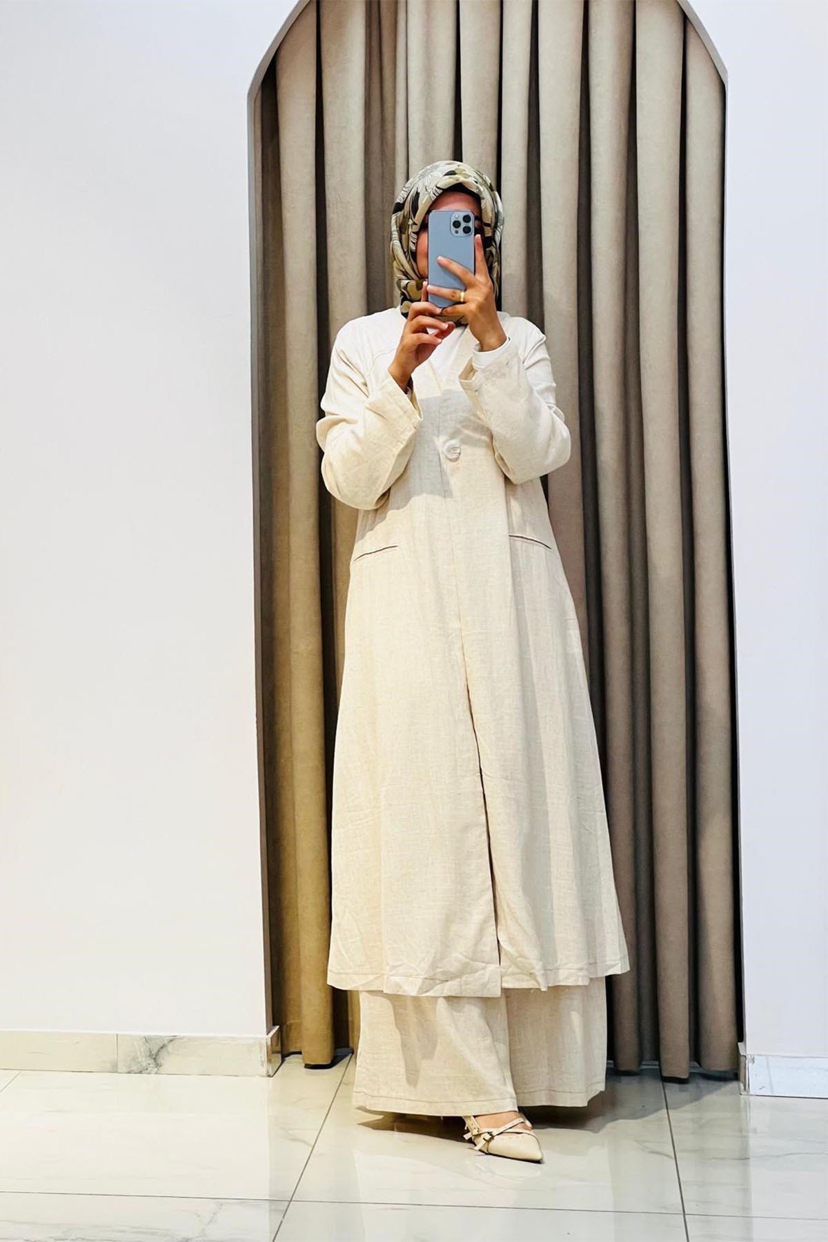 Tek Düğmeli Uzun Kimono Pantolon Tunik Takım Bej