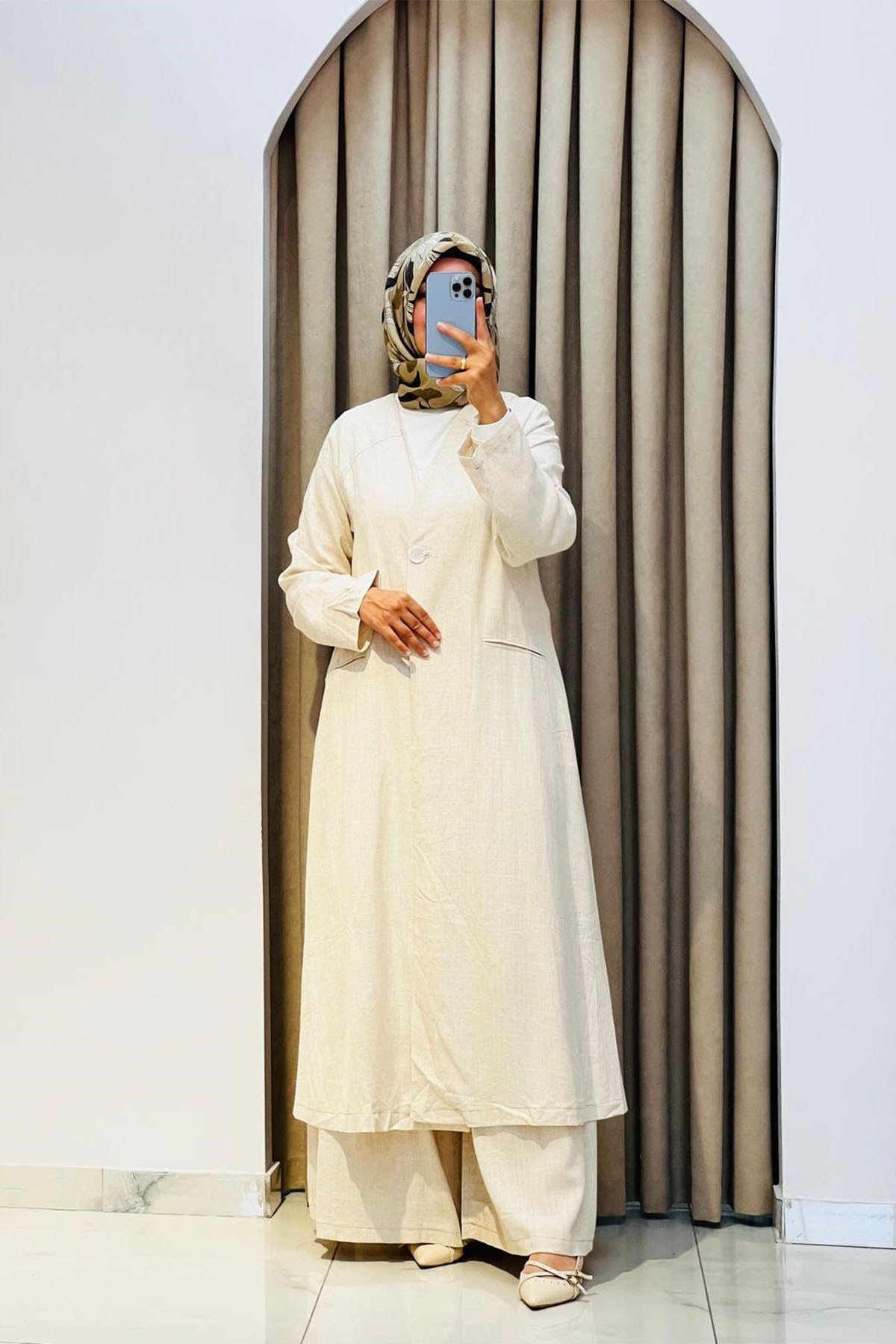 Tek Düğmeli Uzun Kimono Pantolon Tunik Takım Bej
