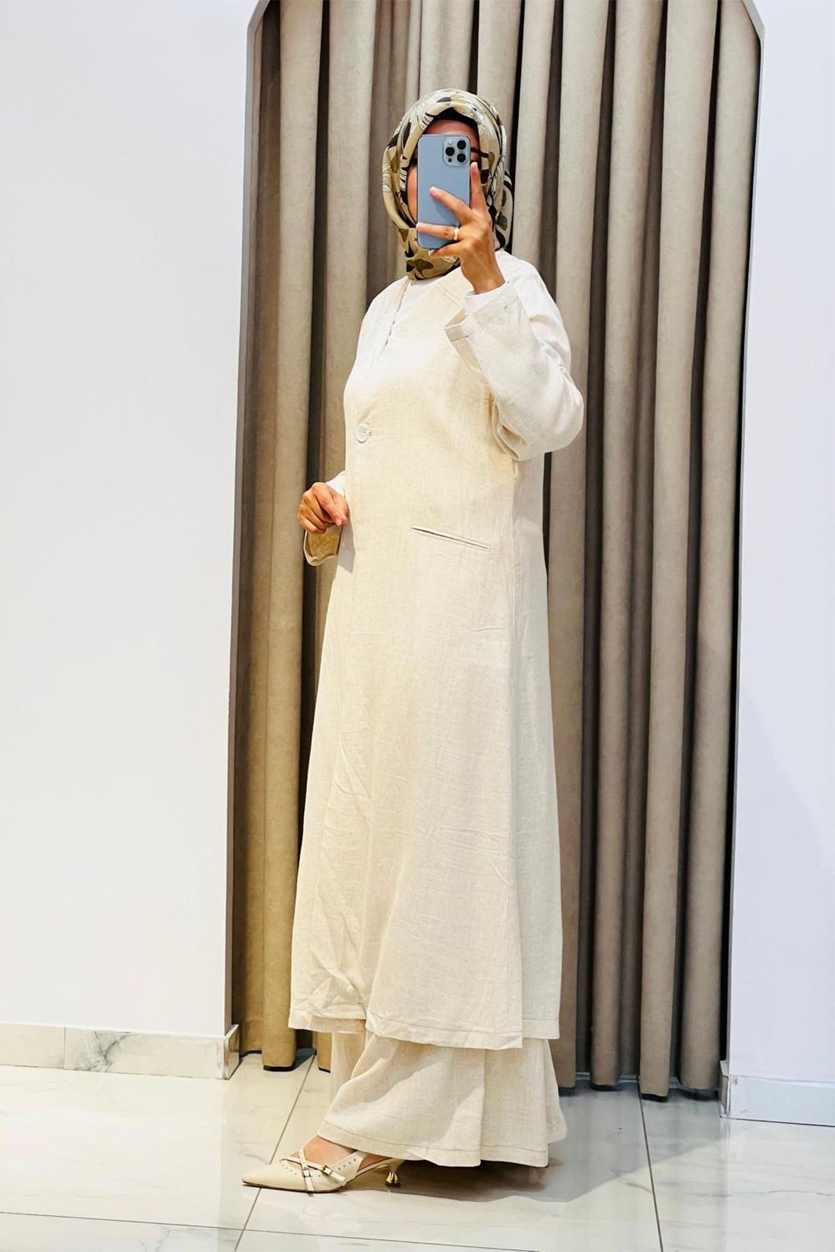 Tek Düğmeli Uzun Kimono Pantolon Tunik Takım Bej