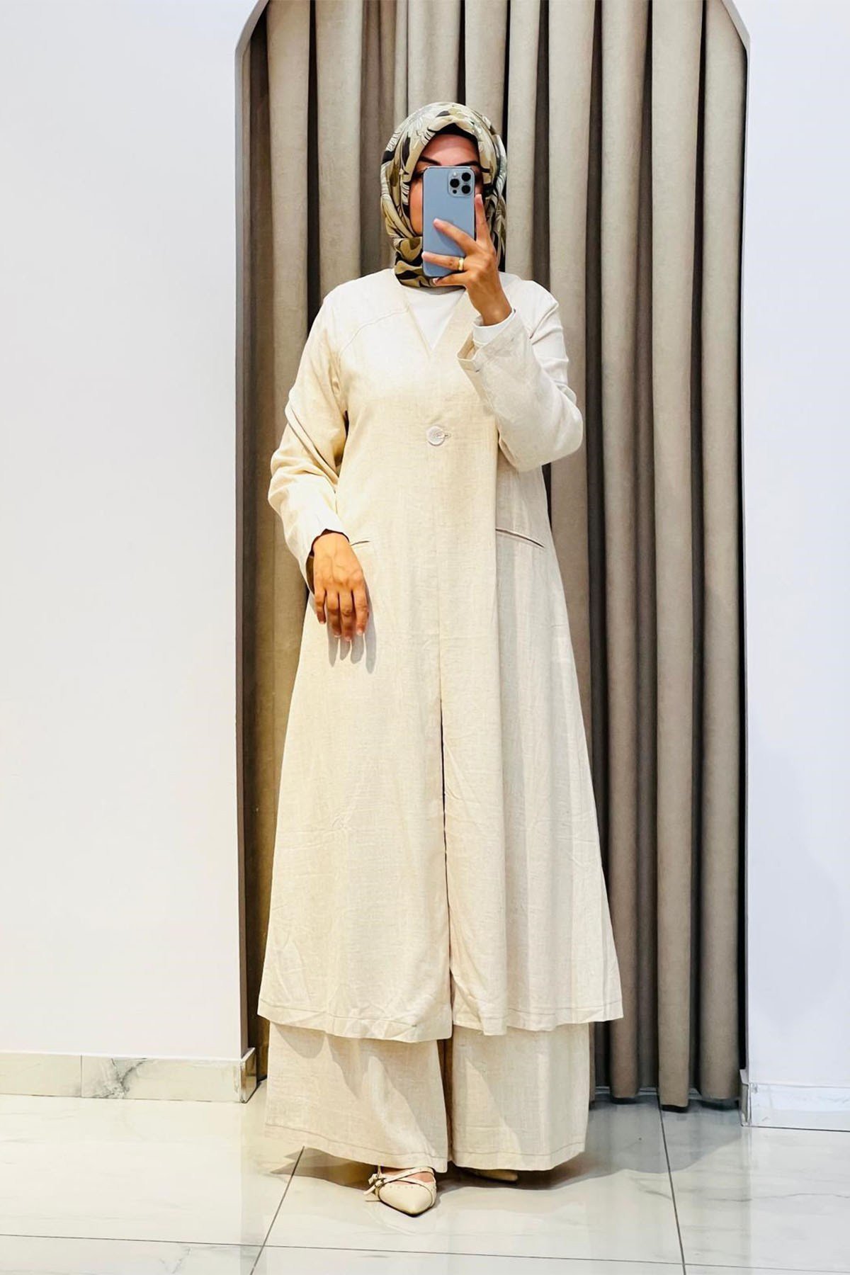 Tek Düğmeli Uzun Kimono Pantolon Tunik Takım Bej