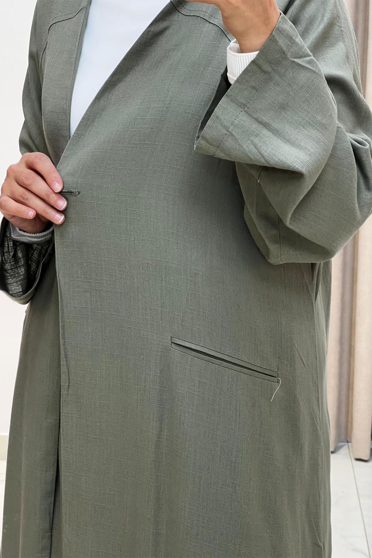 Tek Düğmeli Uzun Kimono Pantolon Tunik Takım Haki