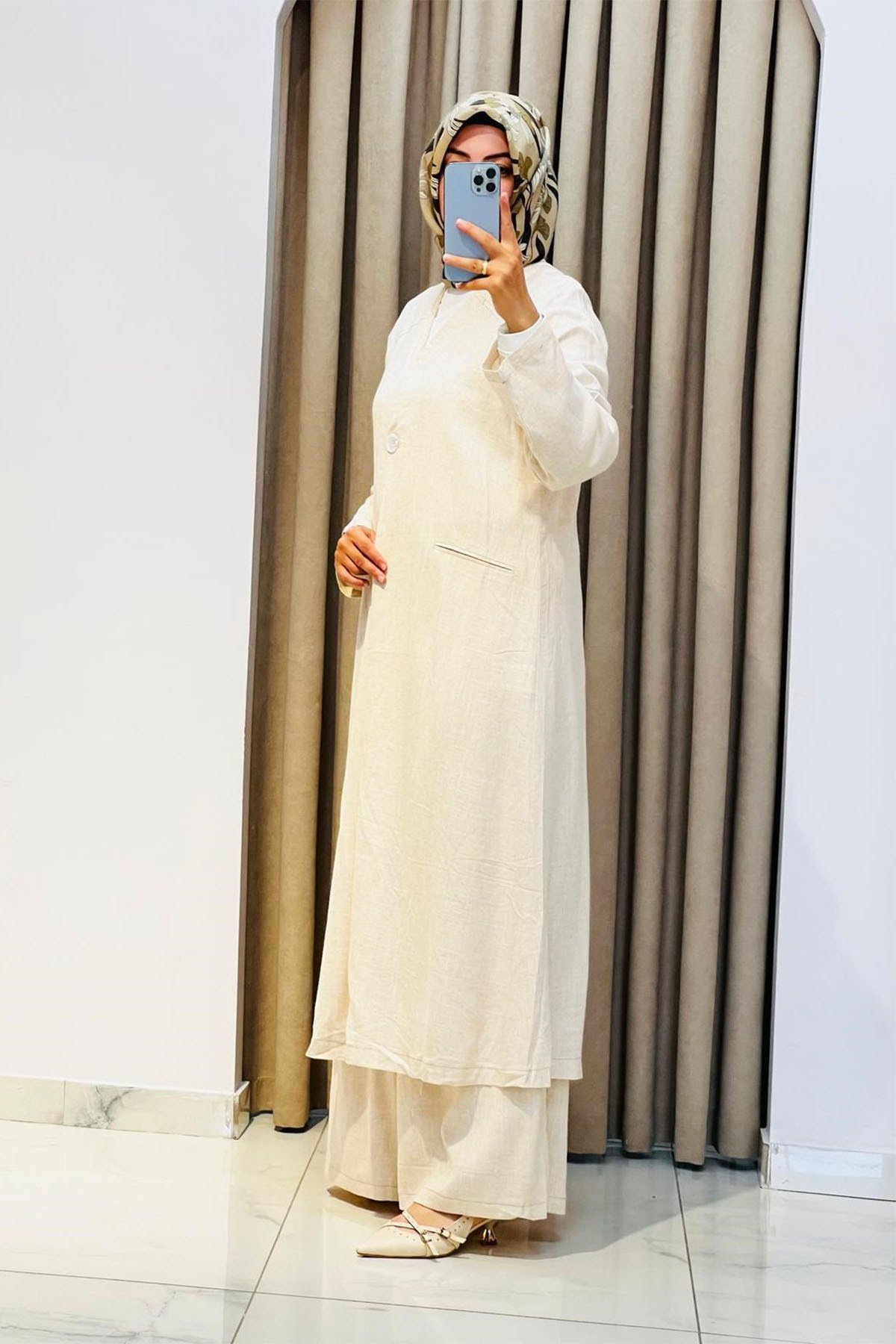 Tek Düğmeli Uzun Kimono Pantolon Tunik Takım Bej