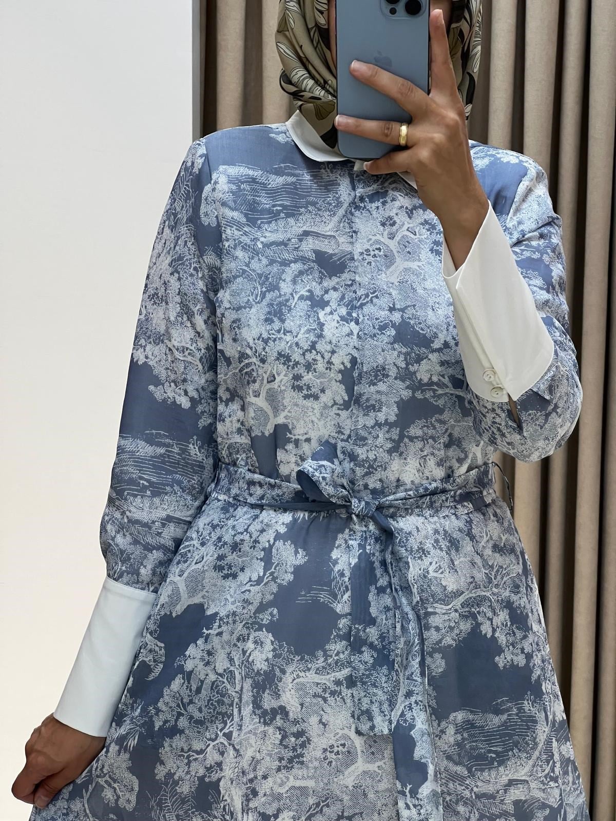 TERZİ DÜKKANI LADY LYOCELL DESENLİ YAKA DETAY ELBİSE BEBE MAVİSİ