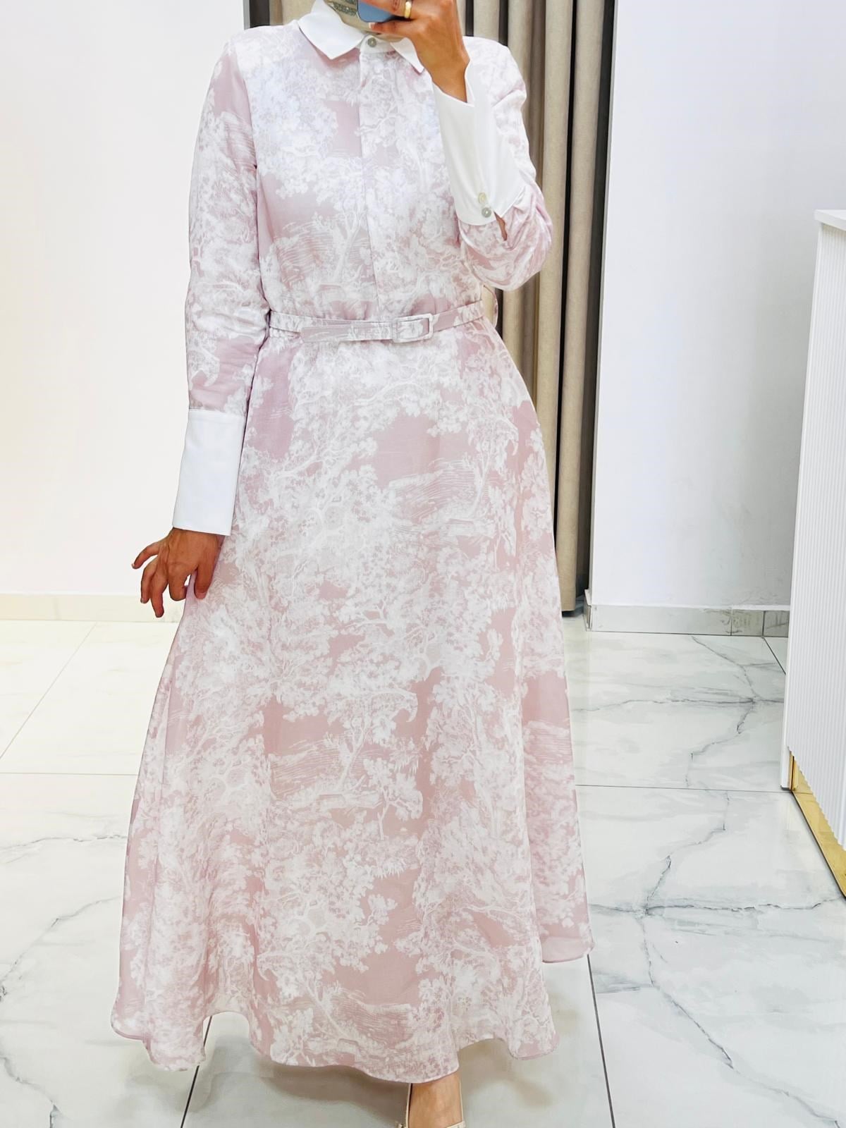 TERZİ DÜKKANI LADY LYOCELL DESENLİ YAKA DETAY ELBİSE PEMBE
