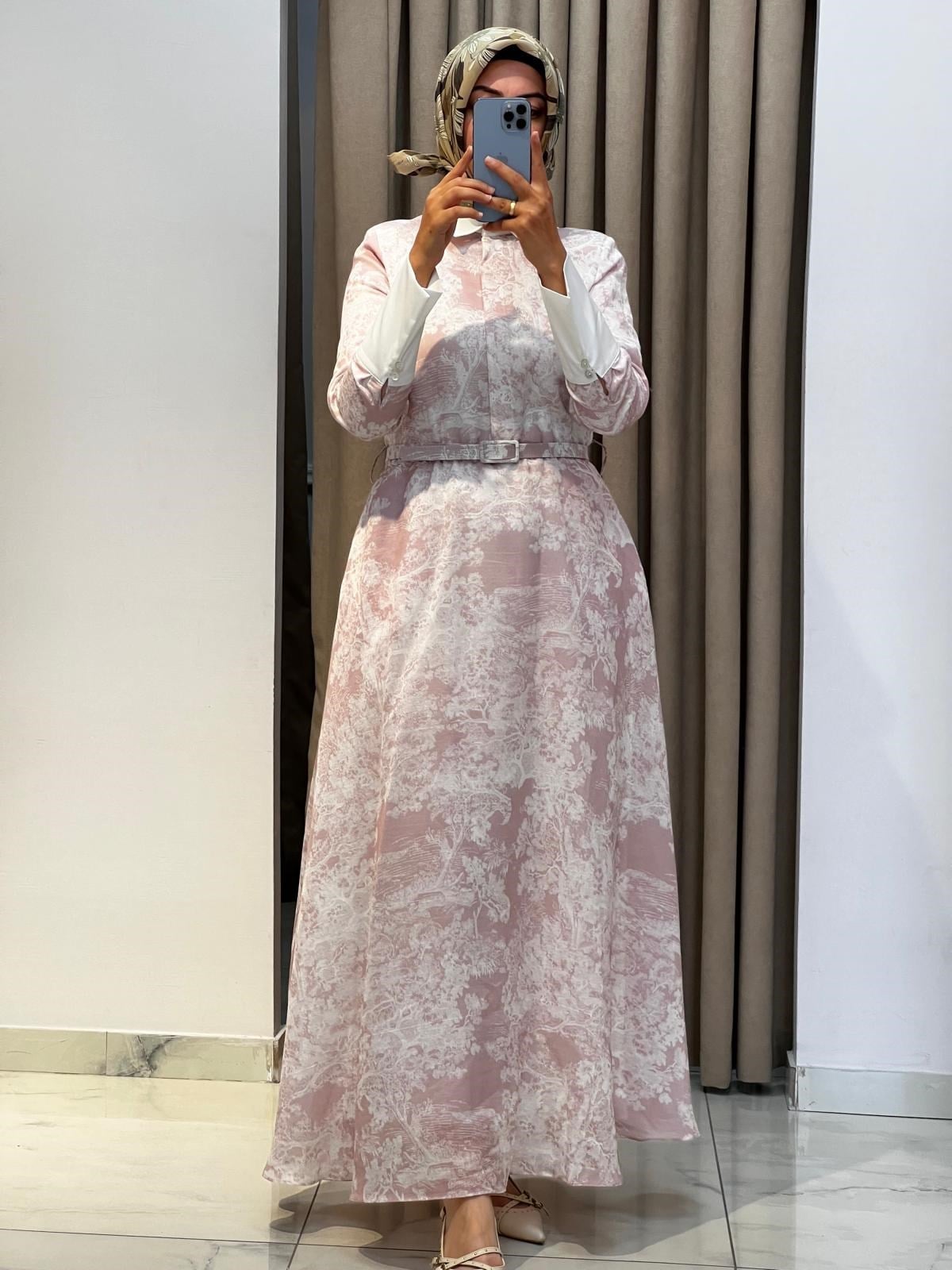 TERZİ DÜKKANI LADY LYOCELL DESENLİ YAKA DETAY ELBİSE PEMBE