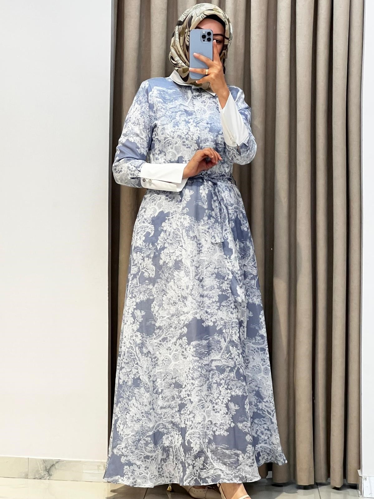TERZİ DÜKKANI LADY LYOCELL DESENLİ YAKA DETAY ELBİSE BEBE MAVİSİ