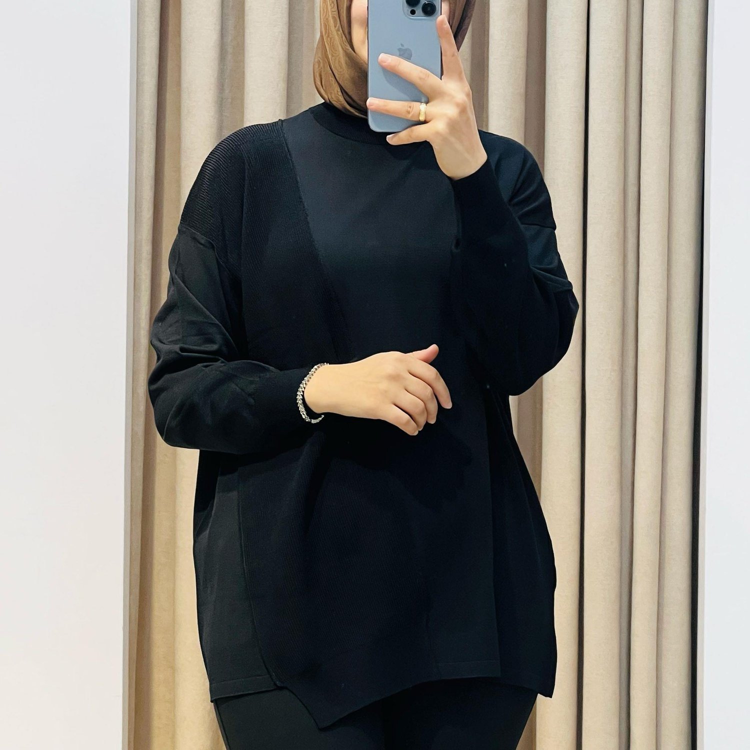 TIĞ TRİKO ÖRGÜ DETAYLI RAYON TUNİK SİYAH