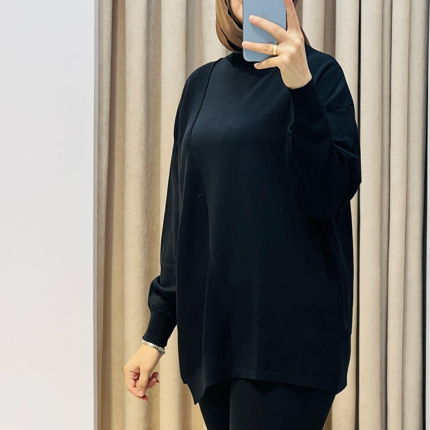 TIĞ TRİKO ÖRGÜ DETAYLI RAYON TUNİK SİYAH