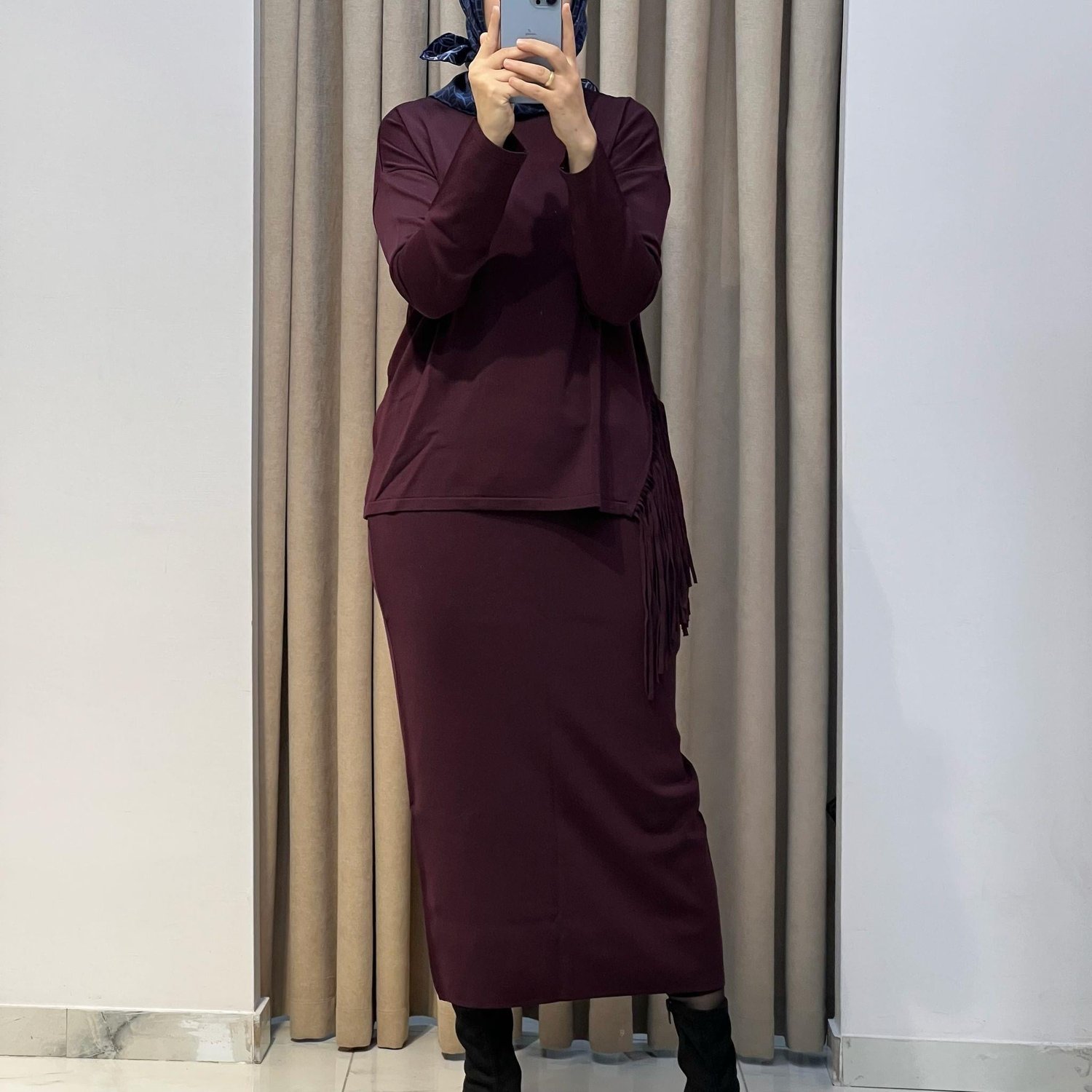 TIĞ TRİKO PÜSKÜL DETAYLI BLUZ ETEK RAYON TAKIM MÜRDÜM