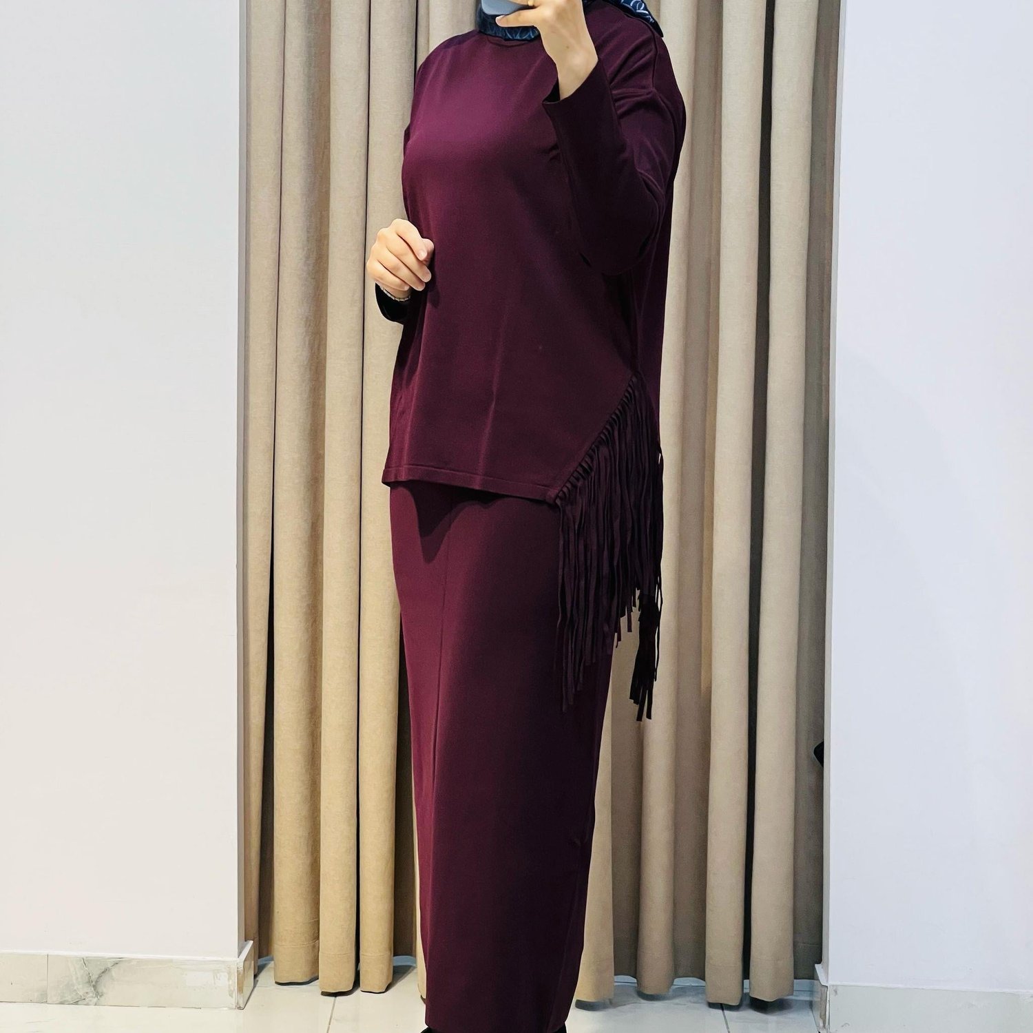 TIĞ TRİKO PÜSKÜL DETAYLI BLUZ ETEK RAYON TAKIM MÜRDÜM
