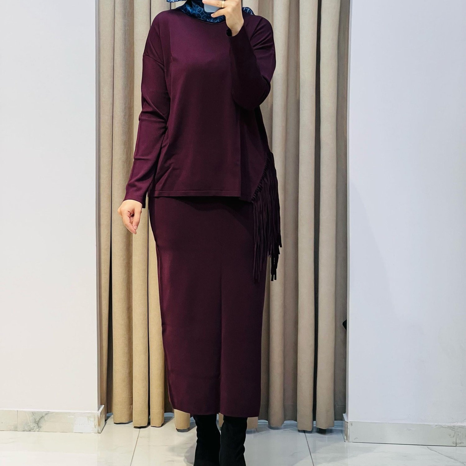 TIĞ TRİKO PÜSKÜL DETAYLI BLUZ ETEK RAYON TAKIM MÜRDÜM