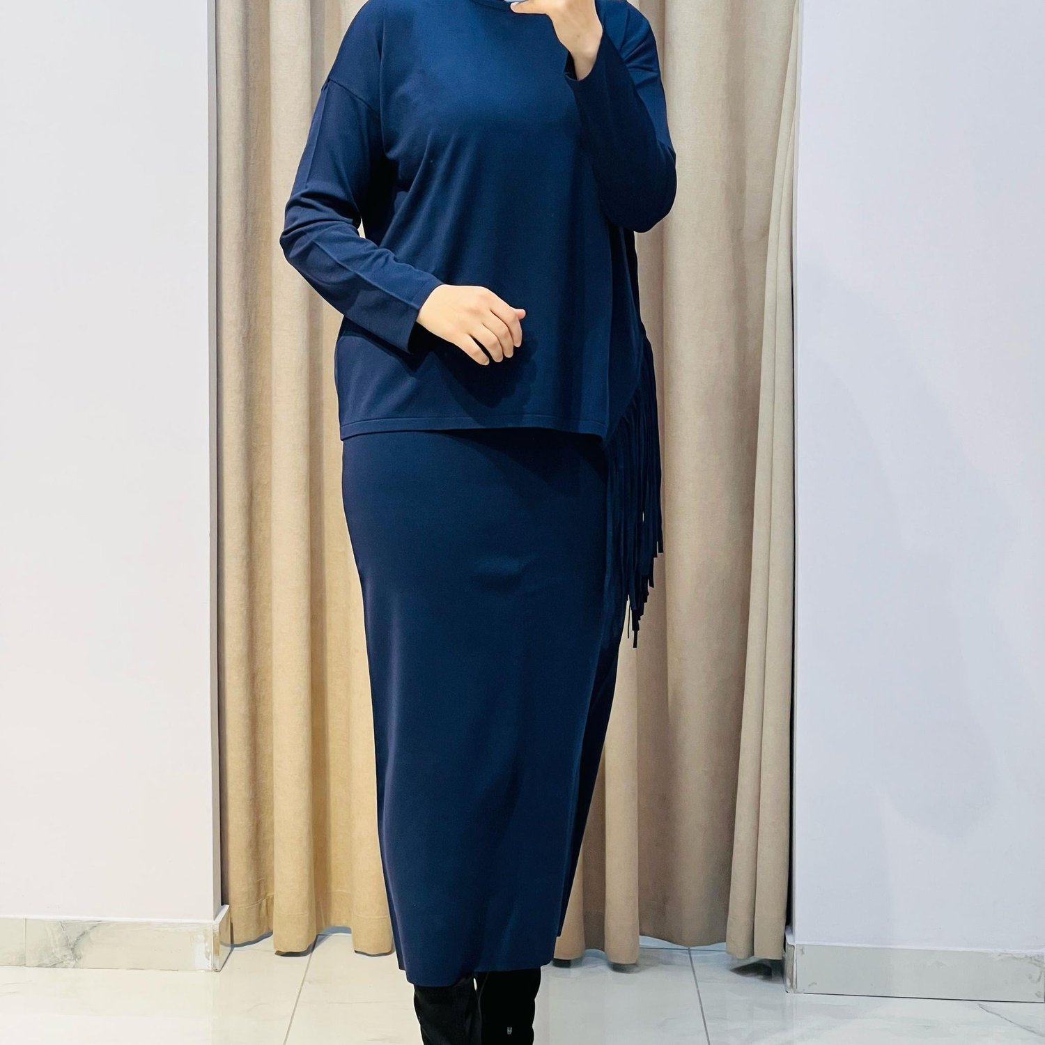 TIĞ TRİKO PÜSKÜL DETAYLI BLUZ ETEK RAYON TAKIM LACİVERT