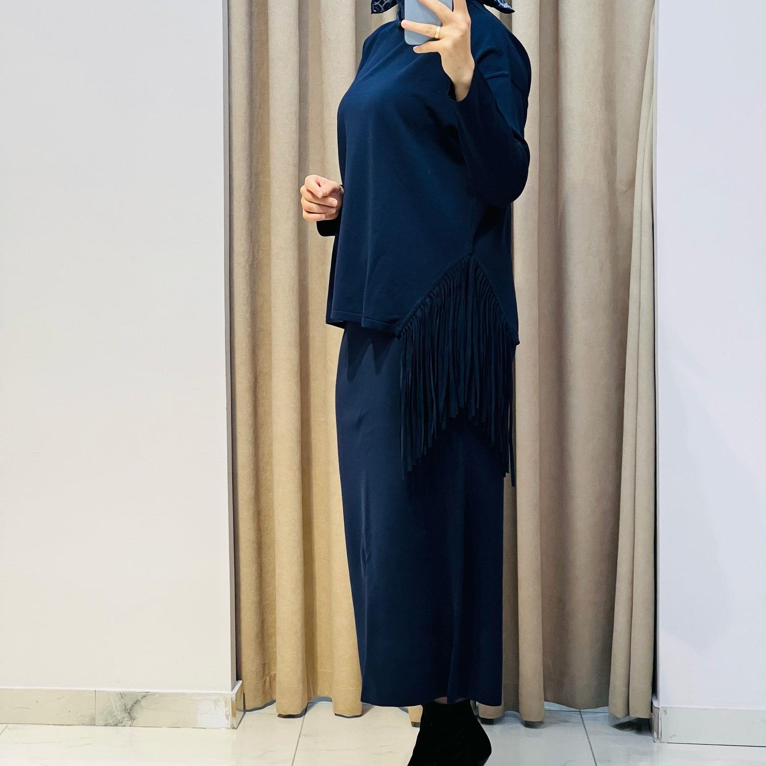 TIĞ TRİKO PÜSKÜL DETAYLI BLUZ ETEK RAYON TAKIM LACİVERT