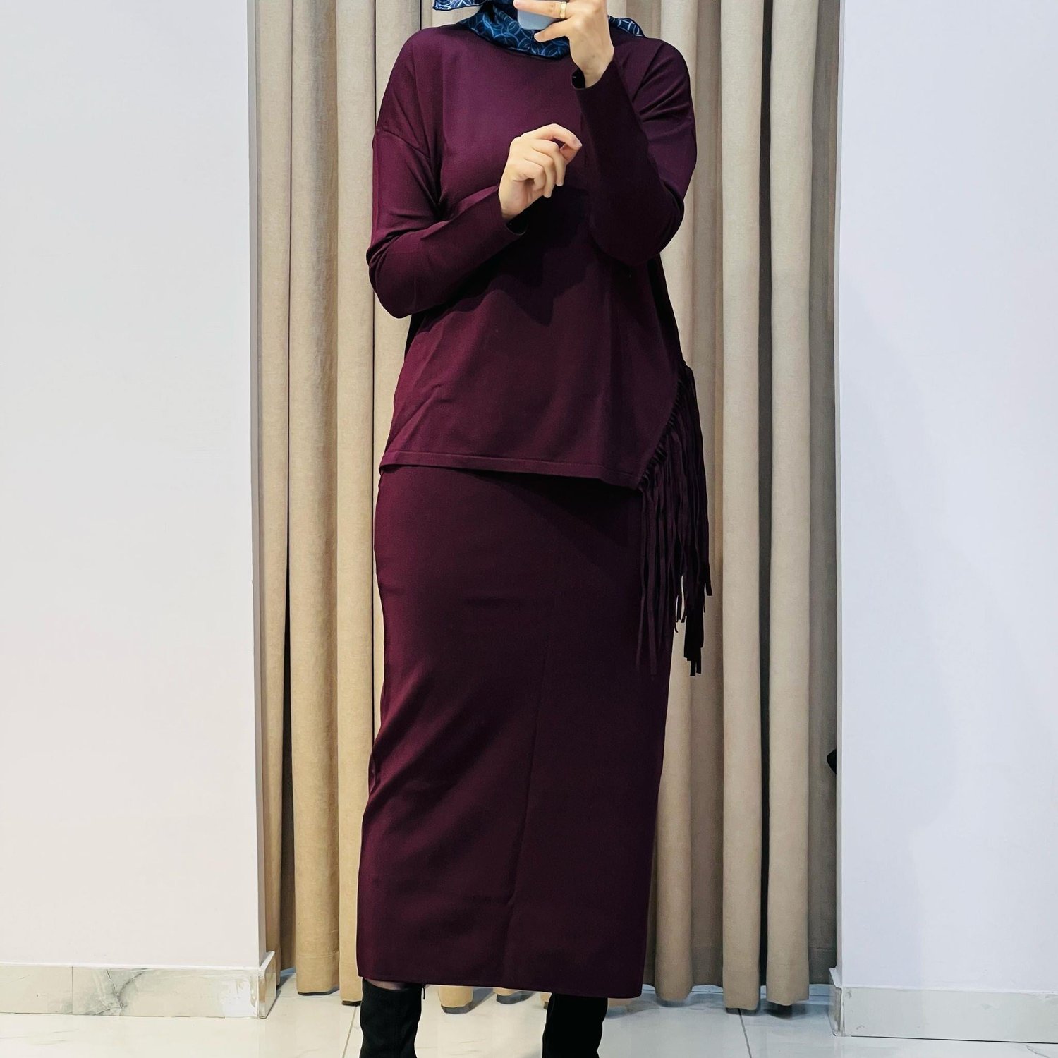 TIĞ TRİKO PÜSKÜL DETAYLI BLUZ ETEK RAYON TAKIM MÜRDÜM