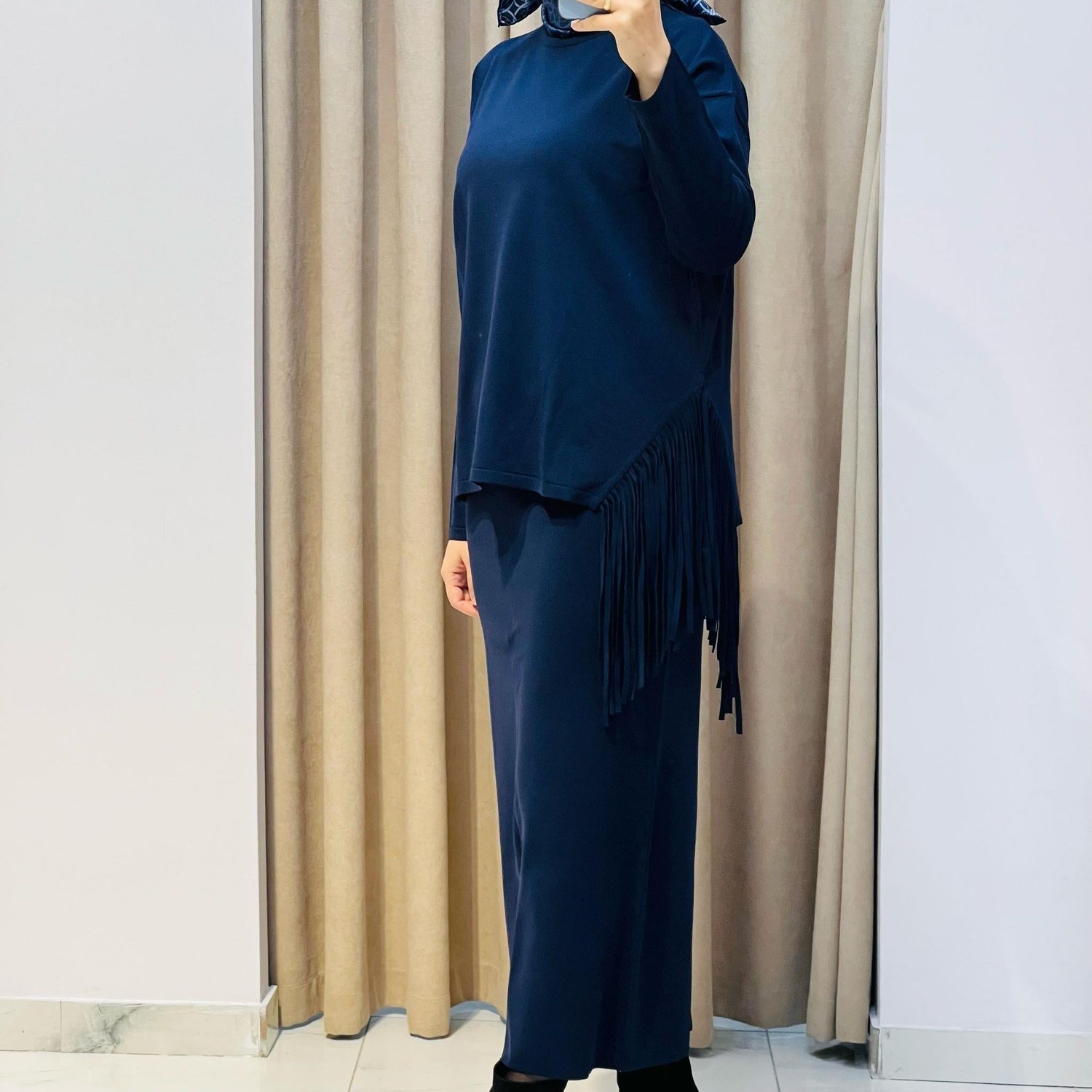 TIĞ TRİKO PÜSKÜL DETAYLI BLUZ ETEK RAYON TAKIM LACİVERT