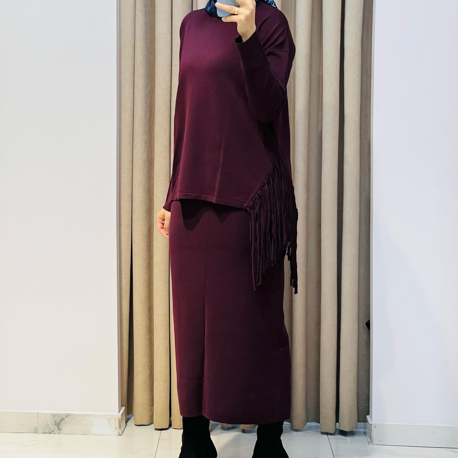 TIĞ TRİKO PÜSKÜL DETAYLI BLUZ ETEK RAYON TAKIM MÜRDÜM