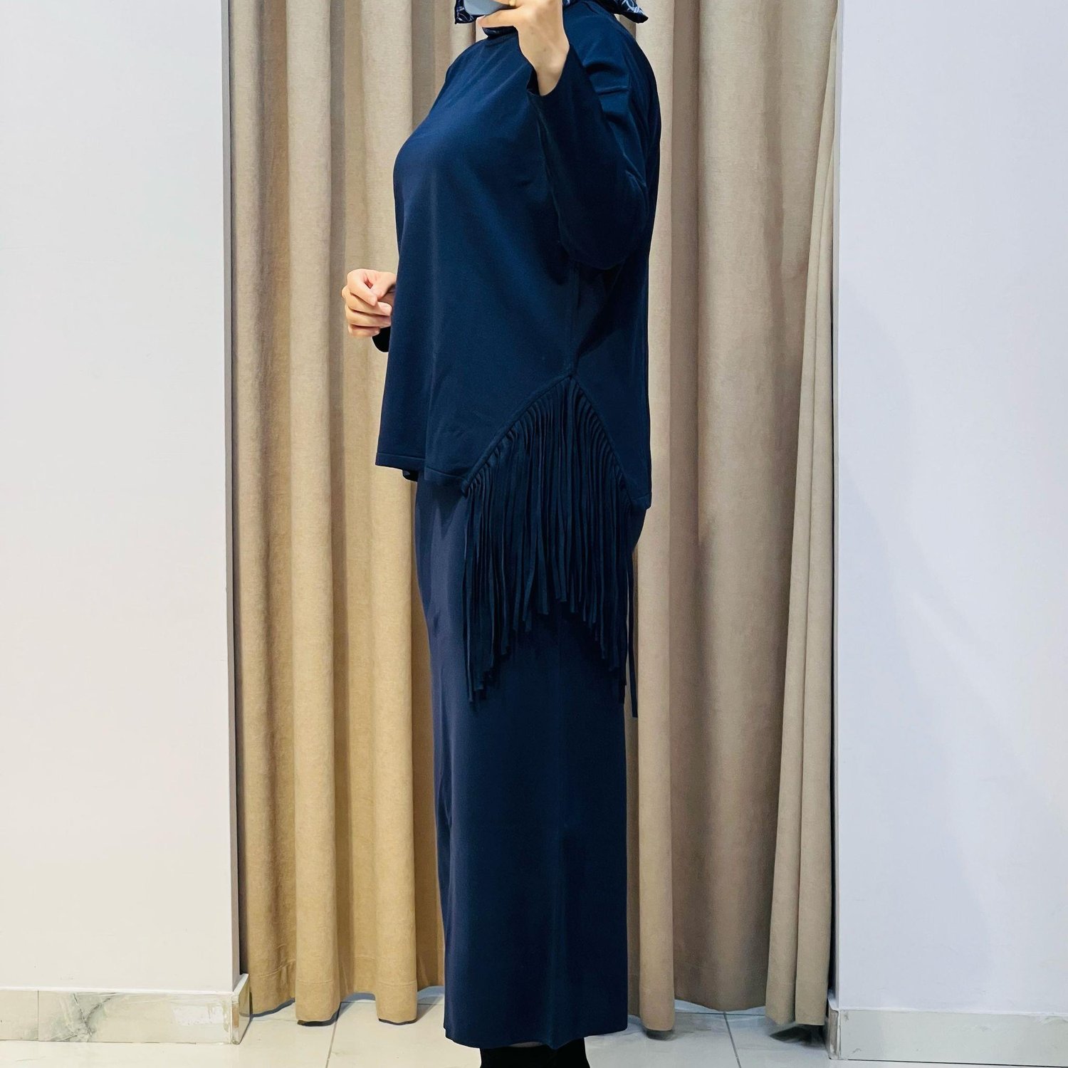 TIĞ TRİKO PÜSKÜL DETAYLI BLUZ ETEK RAYON TAKIM LACİVERT