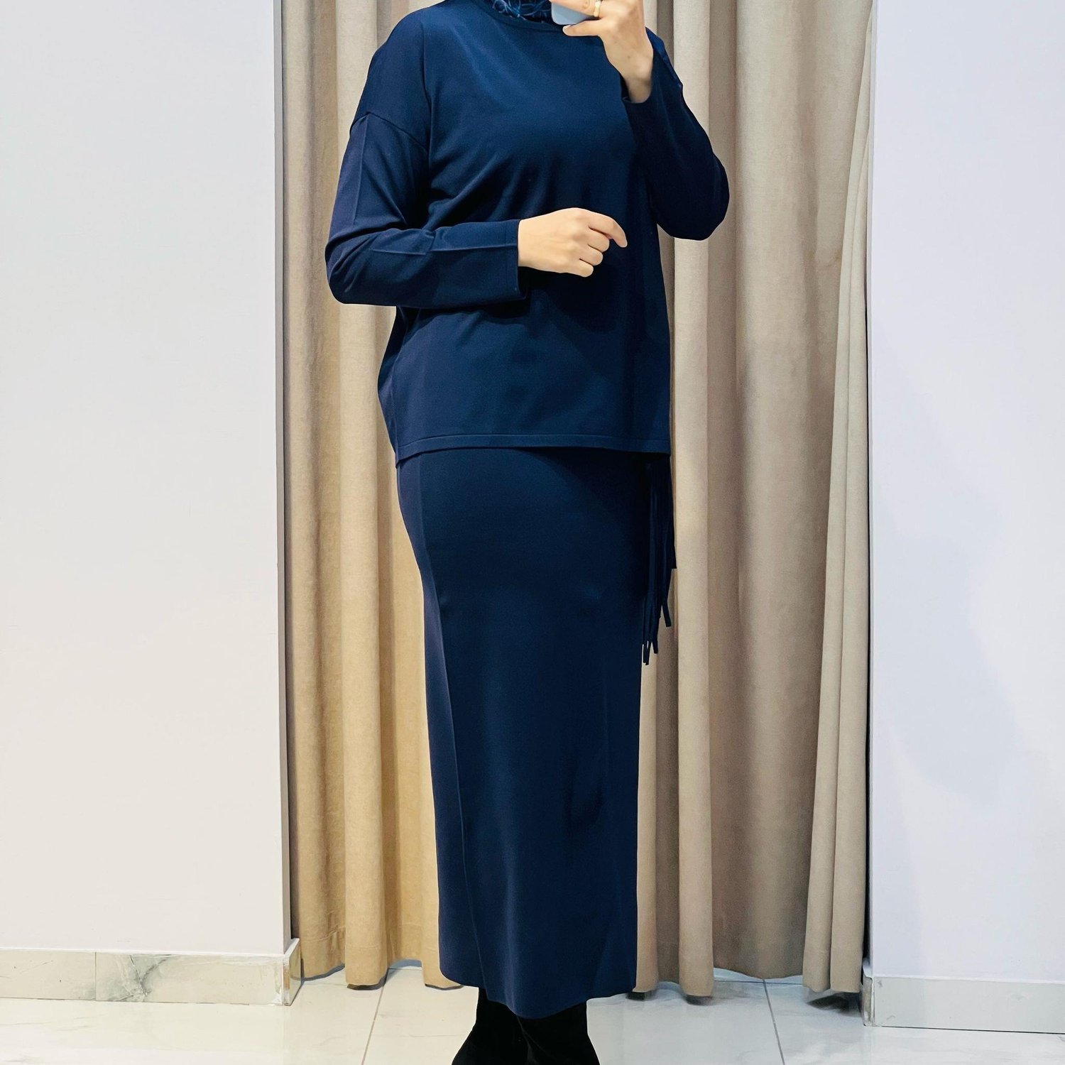 TIĞ TRİKO PÜSKÜL DETAYLI BLUZ ETEK RAYON TAKIM LACİVERT