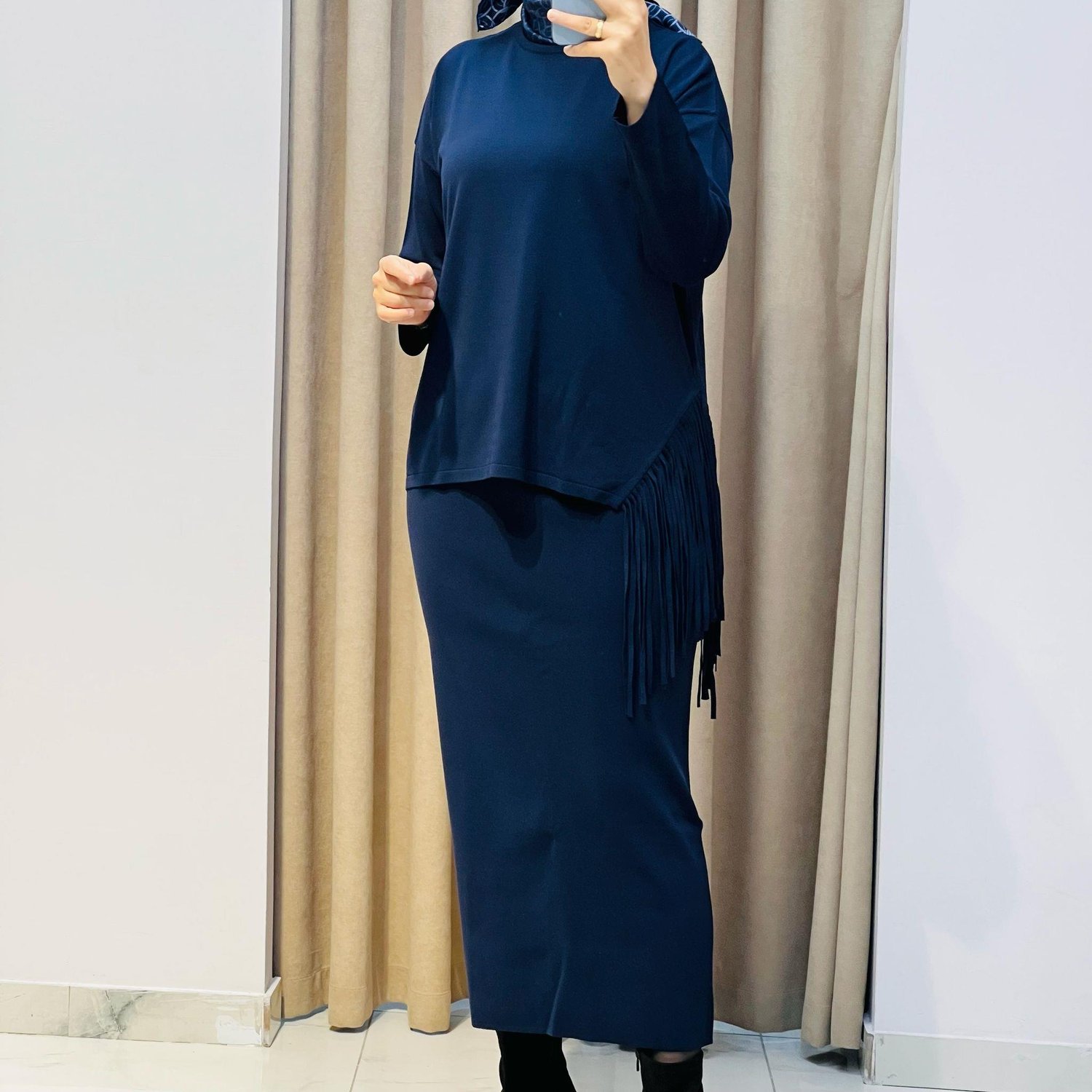TIĞ TRİKO PÜSKÜL DETAYLI BLUZ ETEK RAYON TAKIM LACİVERT