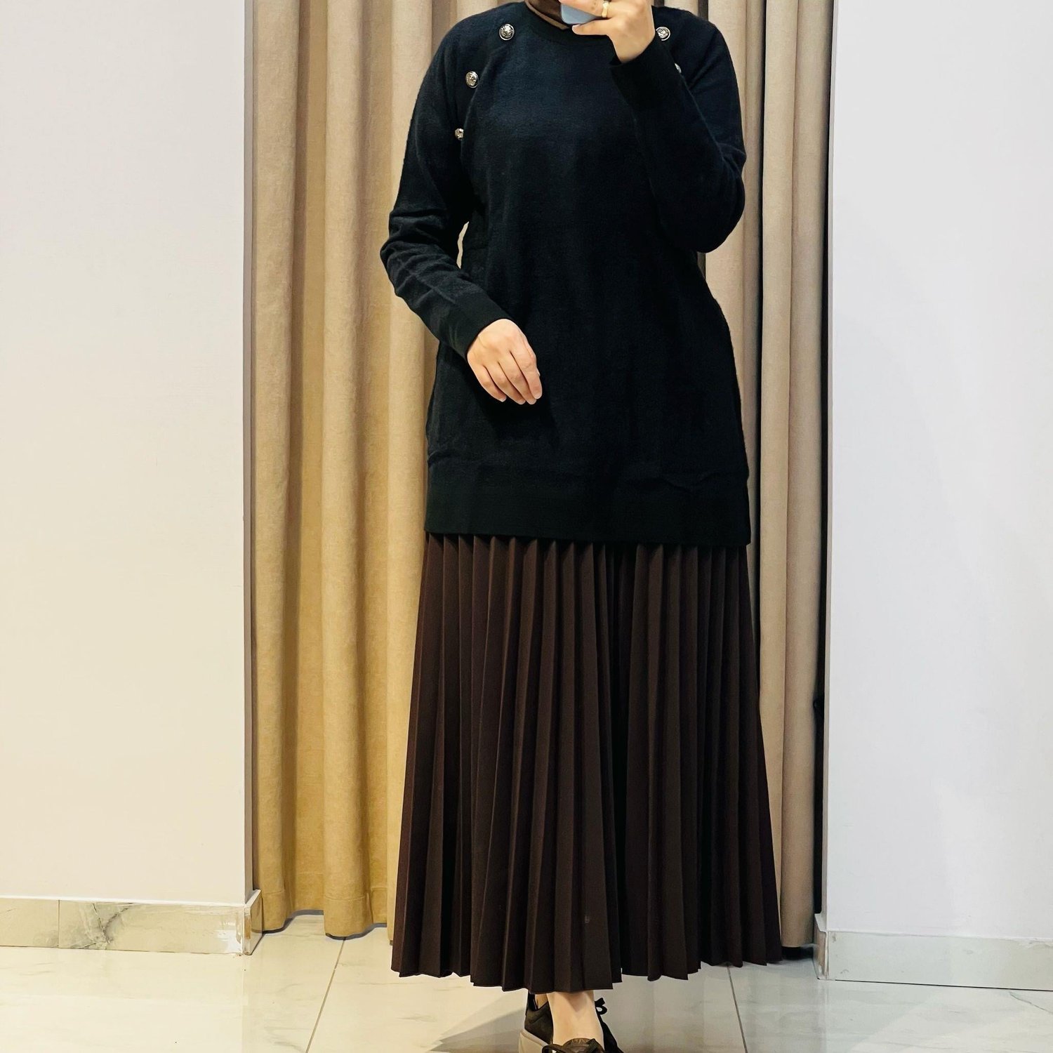 TIĞ TRİKO REGLAN KOLLU DÜĞME DETAYLI MİNK TUNİK SİYAH
