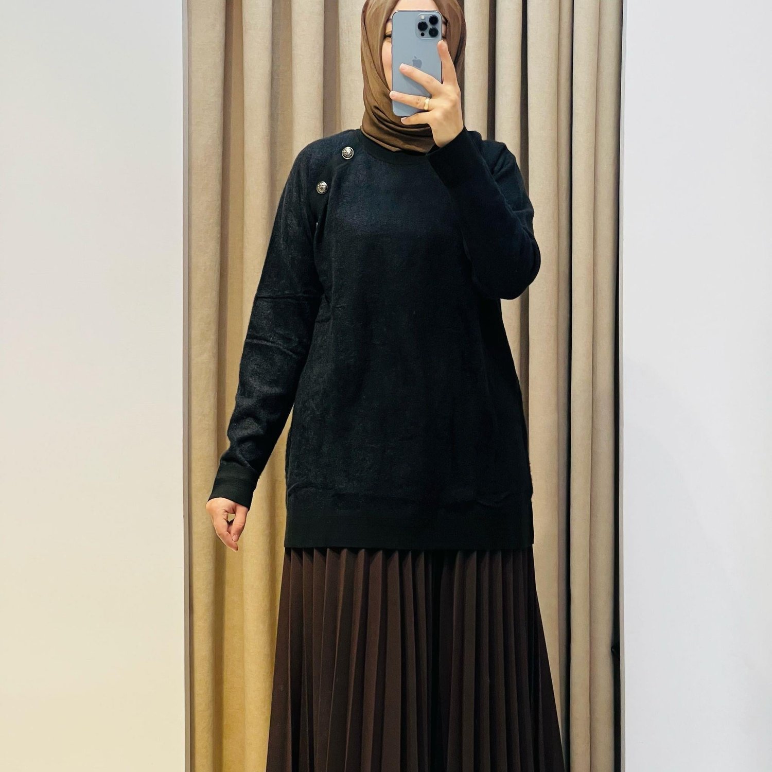 TIĞ TRİKO REGLAN KOLLU DÜĞME DETAYLI MİNK TUNİK SİYAH