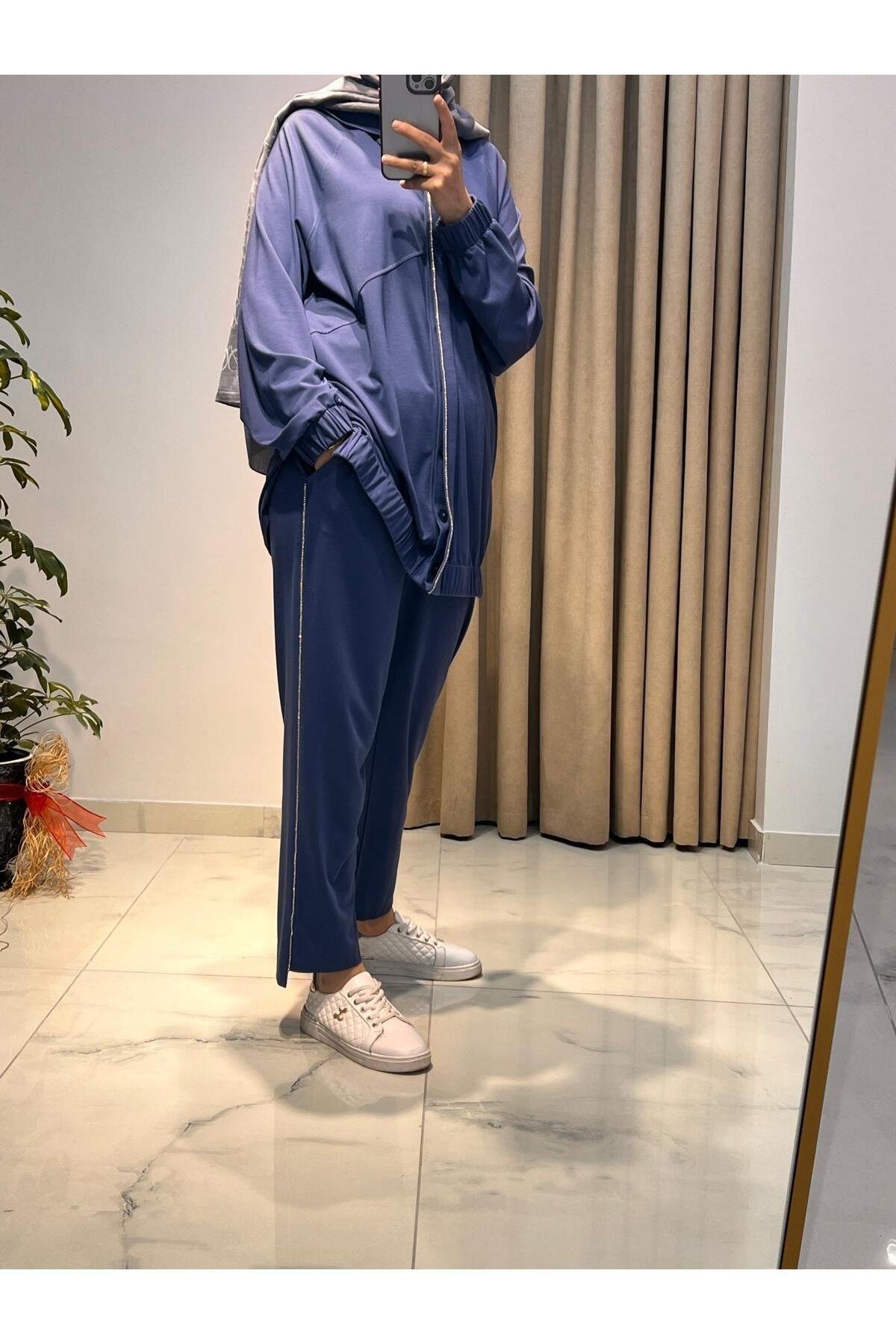 TIĞ TRİKO STARZ TAŞ DETAYLI KAPİŞONLU TAKIM İNDİGO