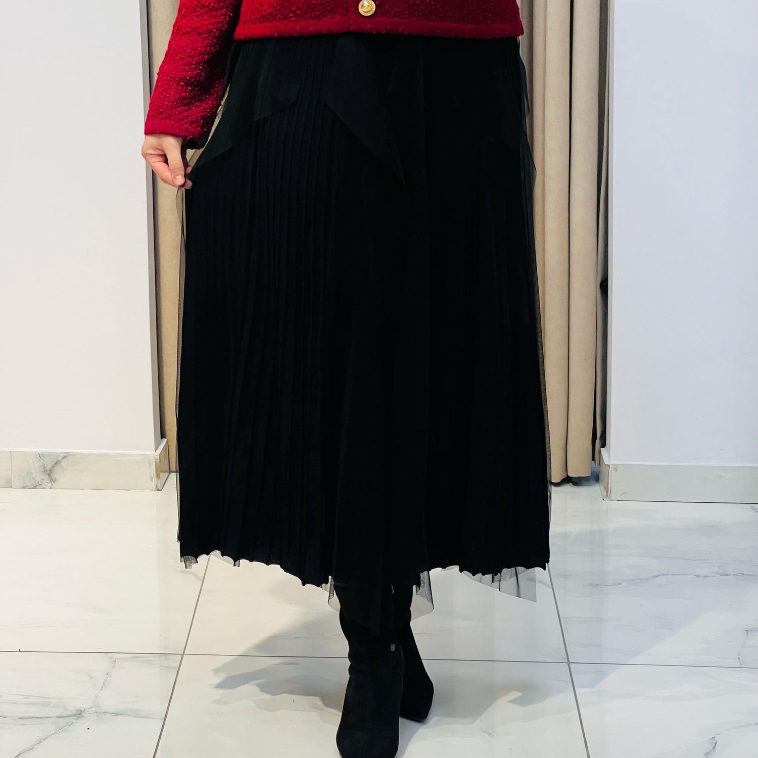 TIĞ TRİKO TÜL DETAYLI RAYON ETEK SİYAH