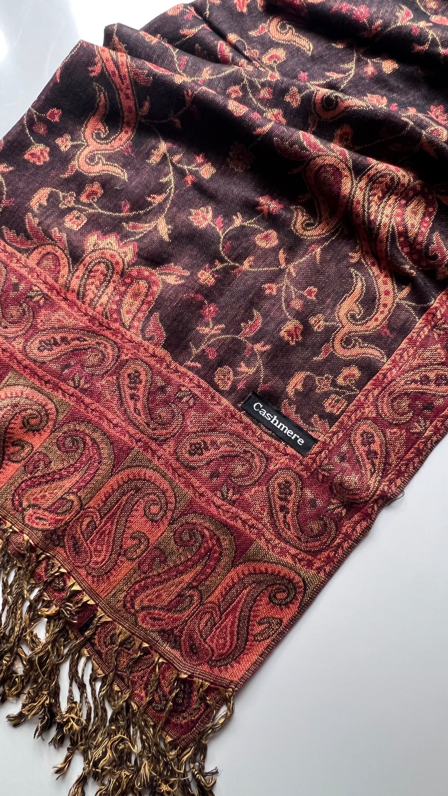 Siyah Bakır Etnik Desen Kaşmir Şal 180x70