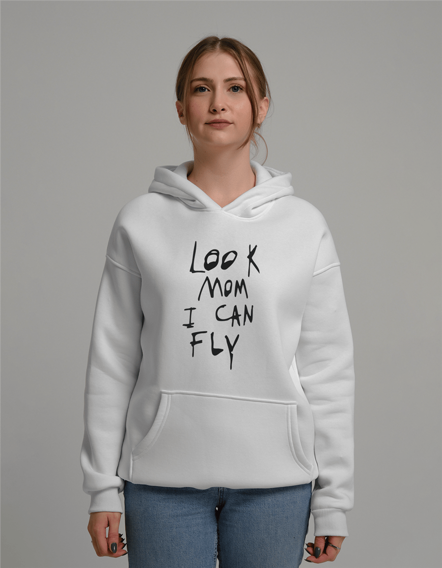 Look Mom I Can Fly Baskılı Unisex Kapüşonlu Sweatshirt