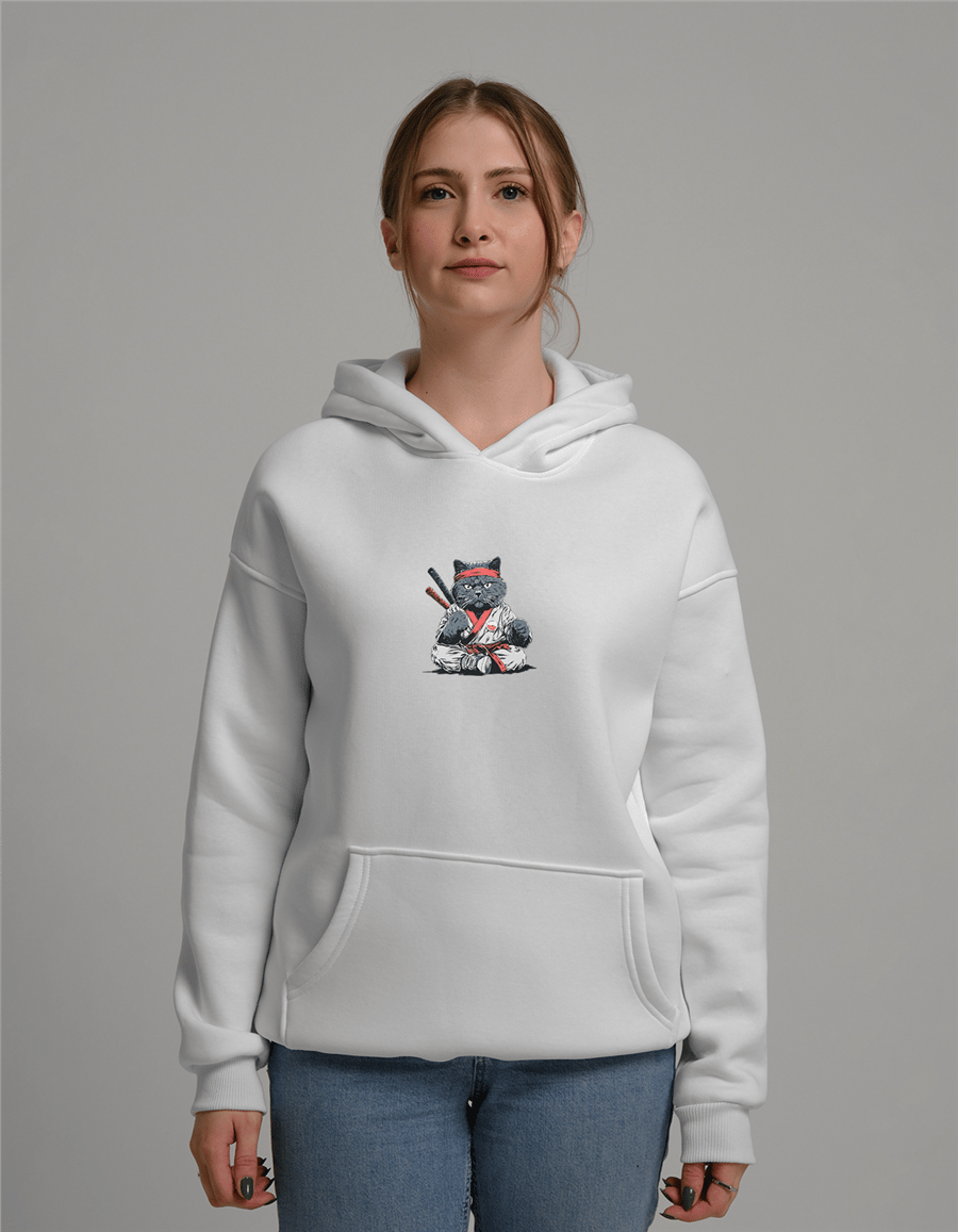 Samuray Kedi Baskılı Unisex Kapüşonlu Sweatshirt