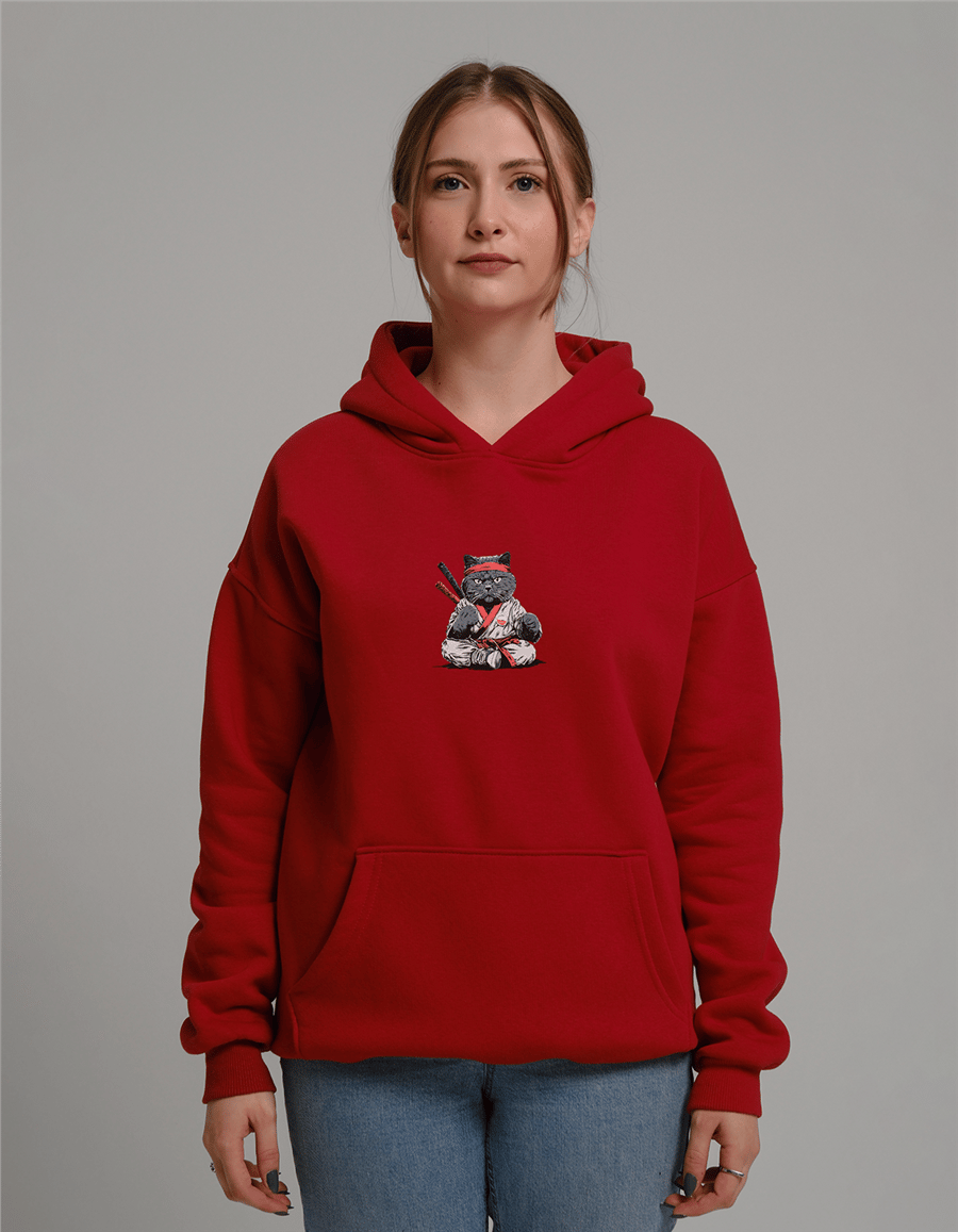 Samuray Kedi Baskılı Unisex Kapüşonlu Sweatshirt