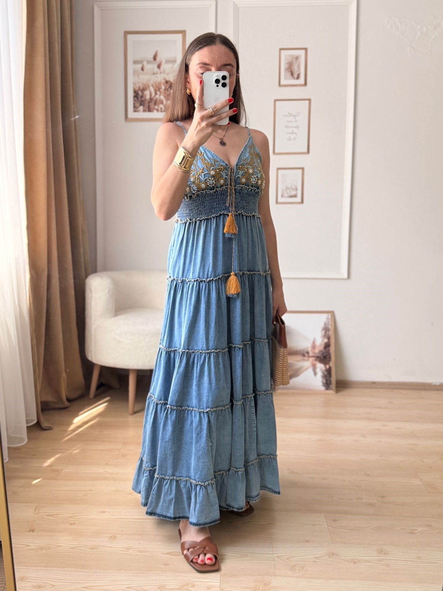 Açık Mavi Nakış İşlemeli Tencel Elbise