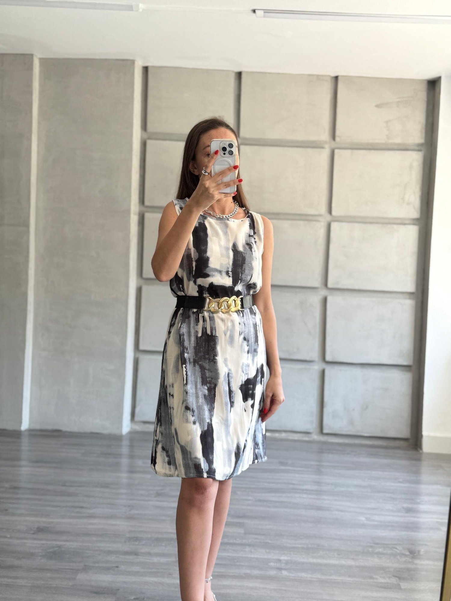 Batik Gri Desenli A Form Dokuma Elbise