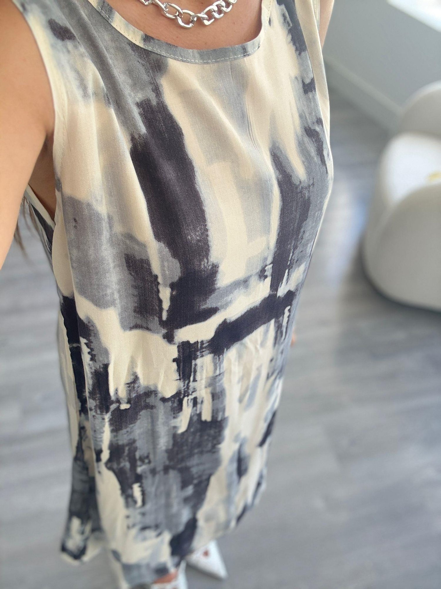 Batik Gri Desenli A Form Dokuma Elbise