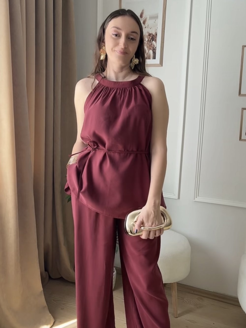 Bordo İp Kuşaklı Pantolon Takım