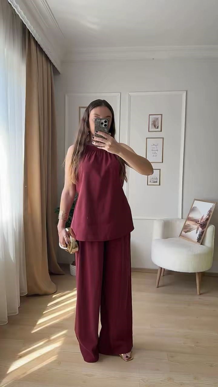Bordo İp Kuşaklı Pantolon Takım