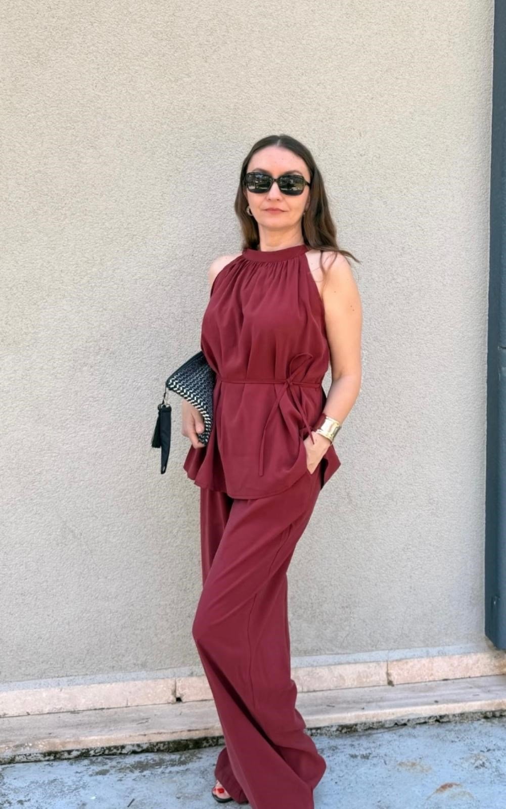Bordo İp Kuşaklı Pantolon Takım