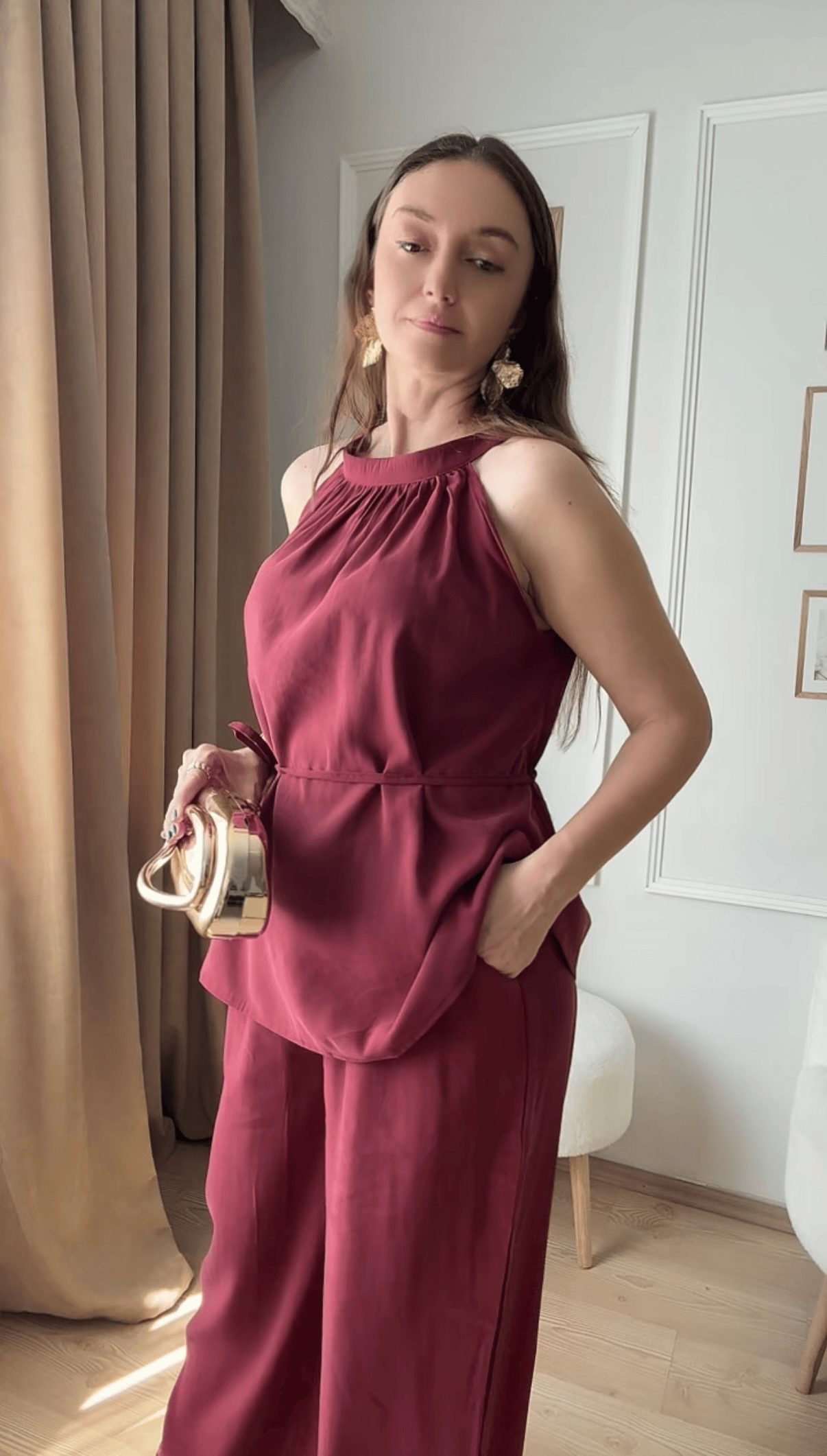 Bordo İp Kuşaklı Pantolon Takım